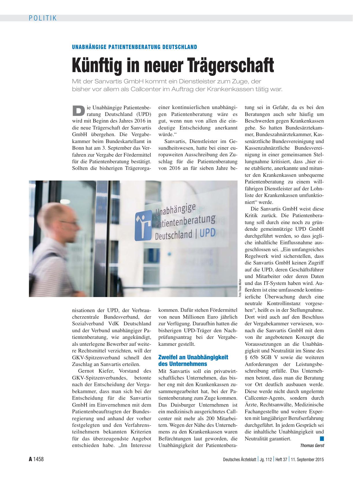 Vorschauseite 1: Unabhängige Patientenberatung Deutschland: Künftig in neuer Trägerschaft