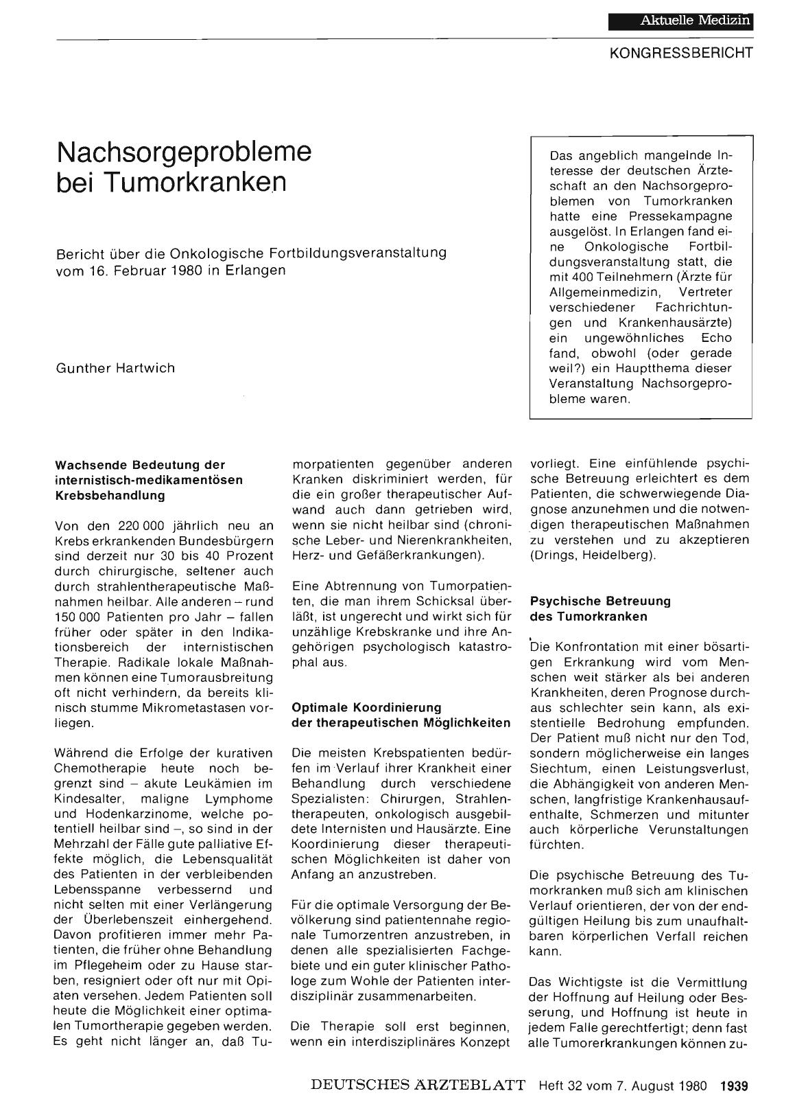 Vorschauseite 1: Nachsorgeprobleme bei Tumorkranken: Bericht über die Onkologische Fortbildungsveranstaltung vom 16. Februar 1980 in Erlangen