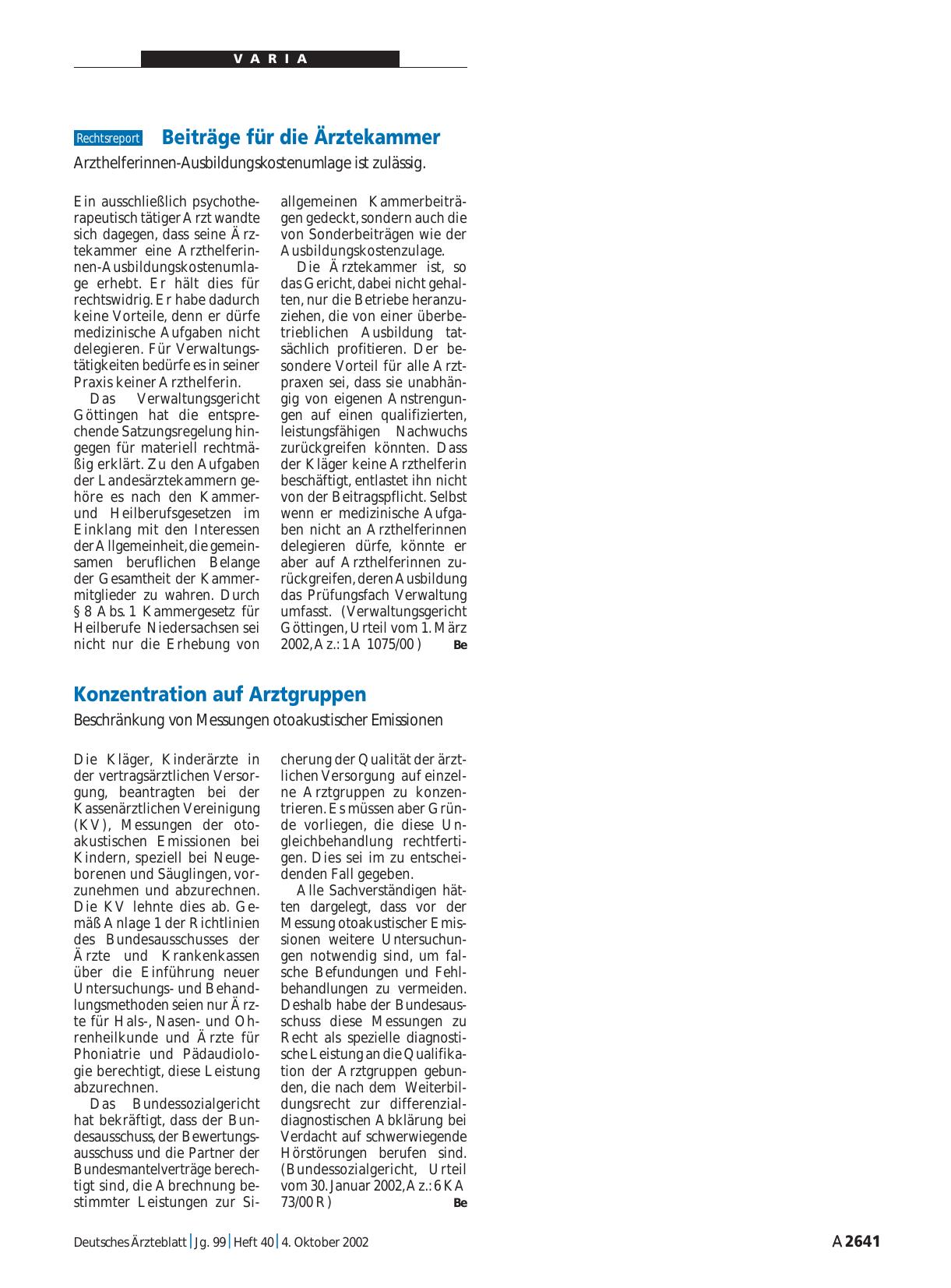 Vorschauseite 1: Konzentration auf Arztgruppen: Beschränkung von Messungen otoakustischer Emissionen
