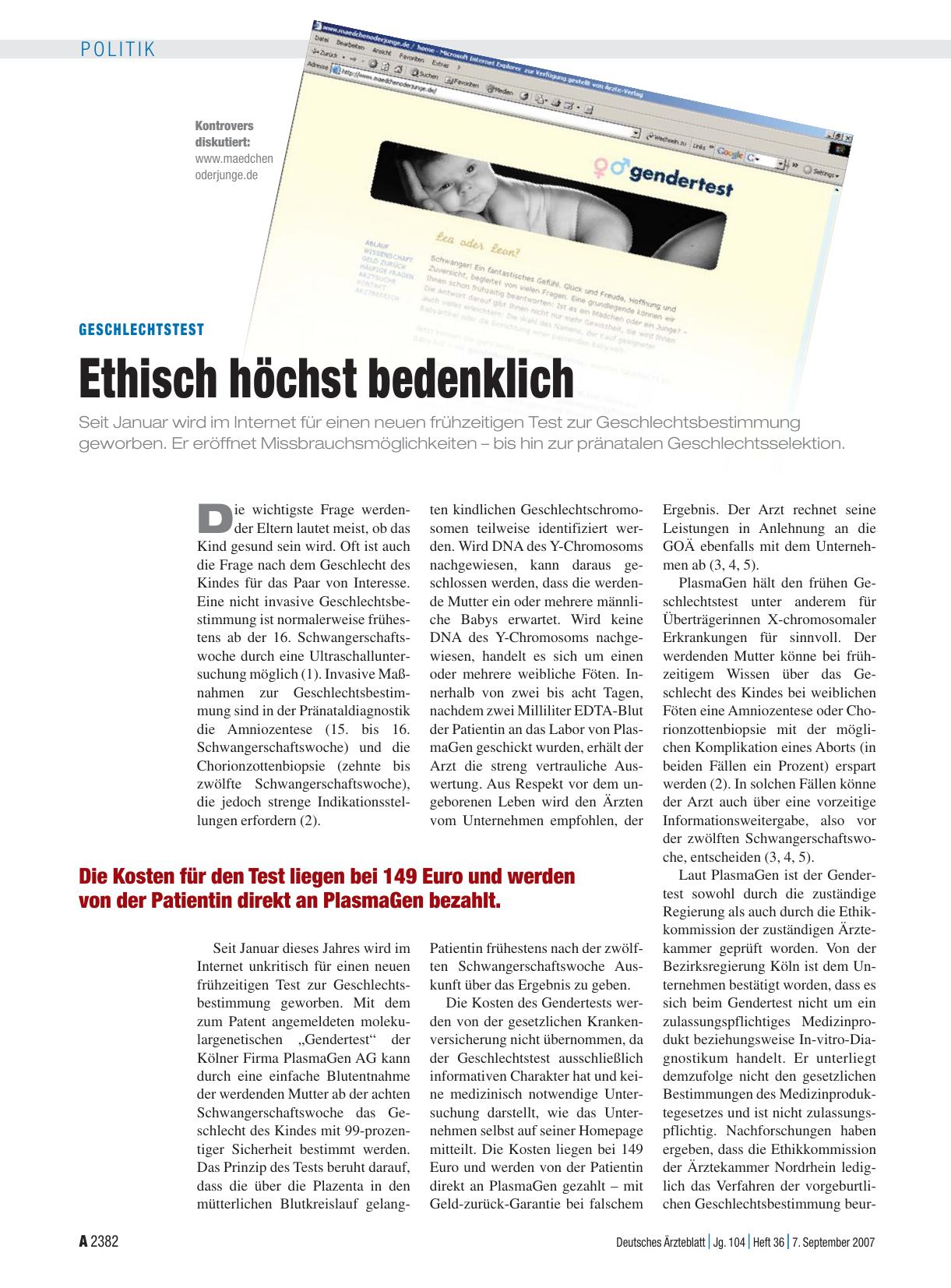 Vorschauseite 1: Geschlechtstest: Ethisch höchst bedenklich
