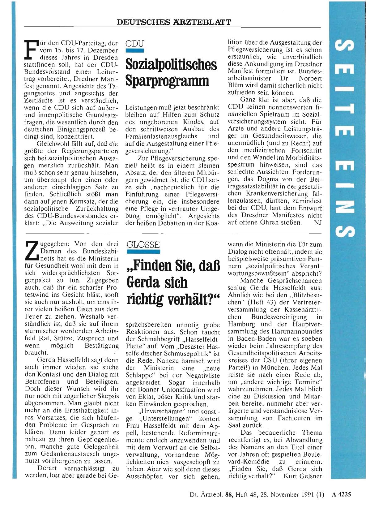 Vorschauseite 1: CDU: Sozialpolitisches Sparprogramm