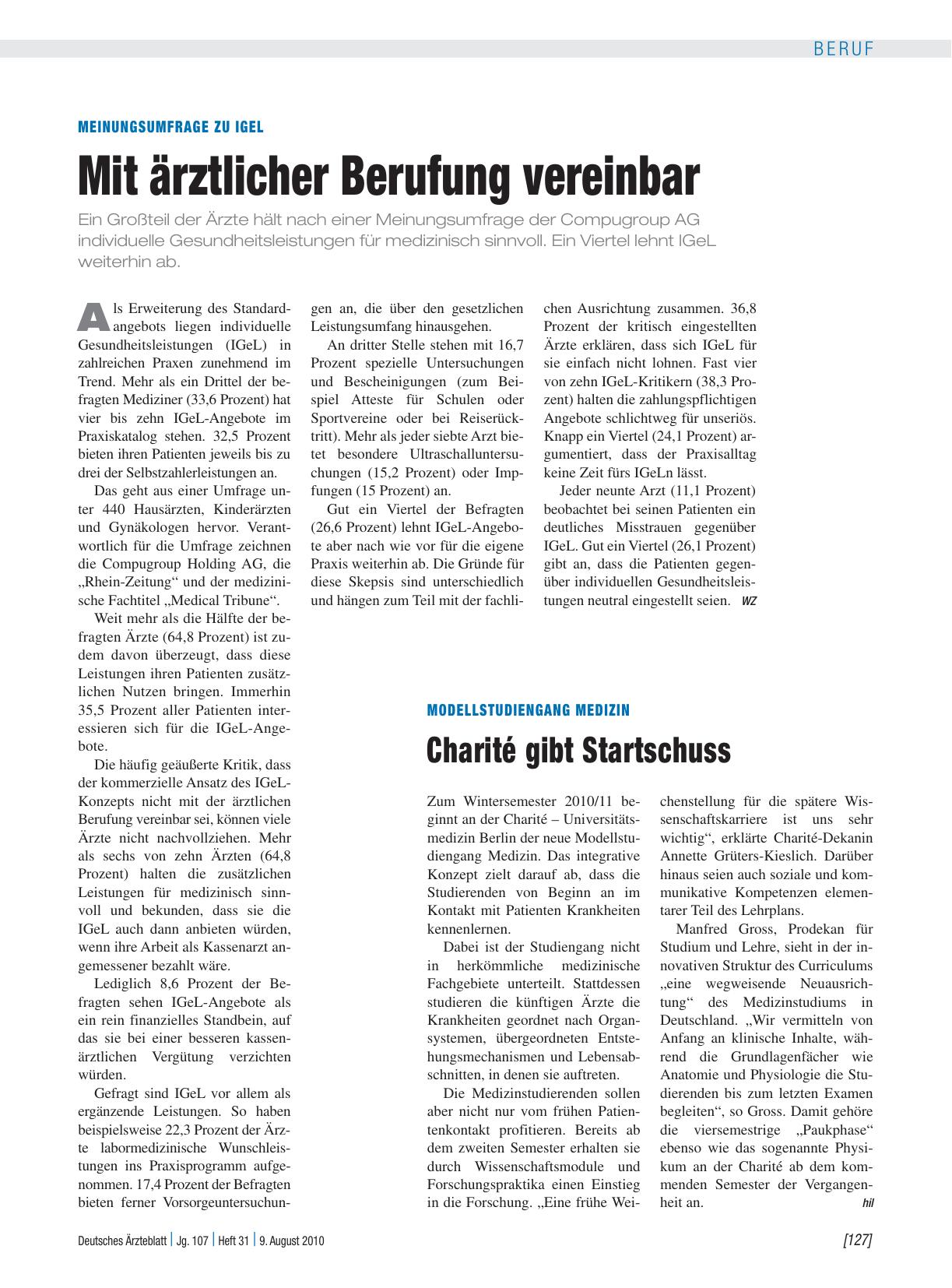 Vorschauseite 1: Modellstudiengang Medizin: Charité gibt Startschuss