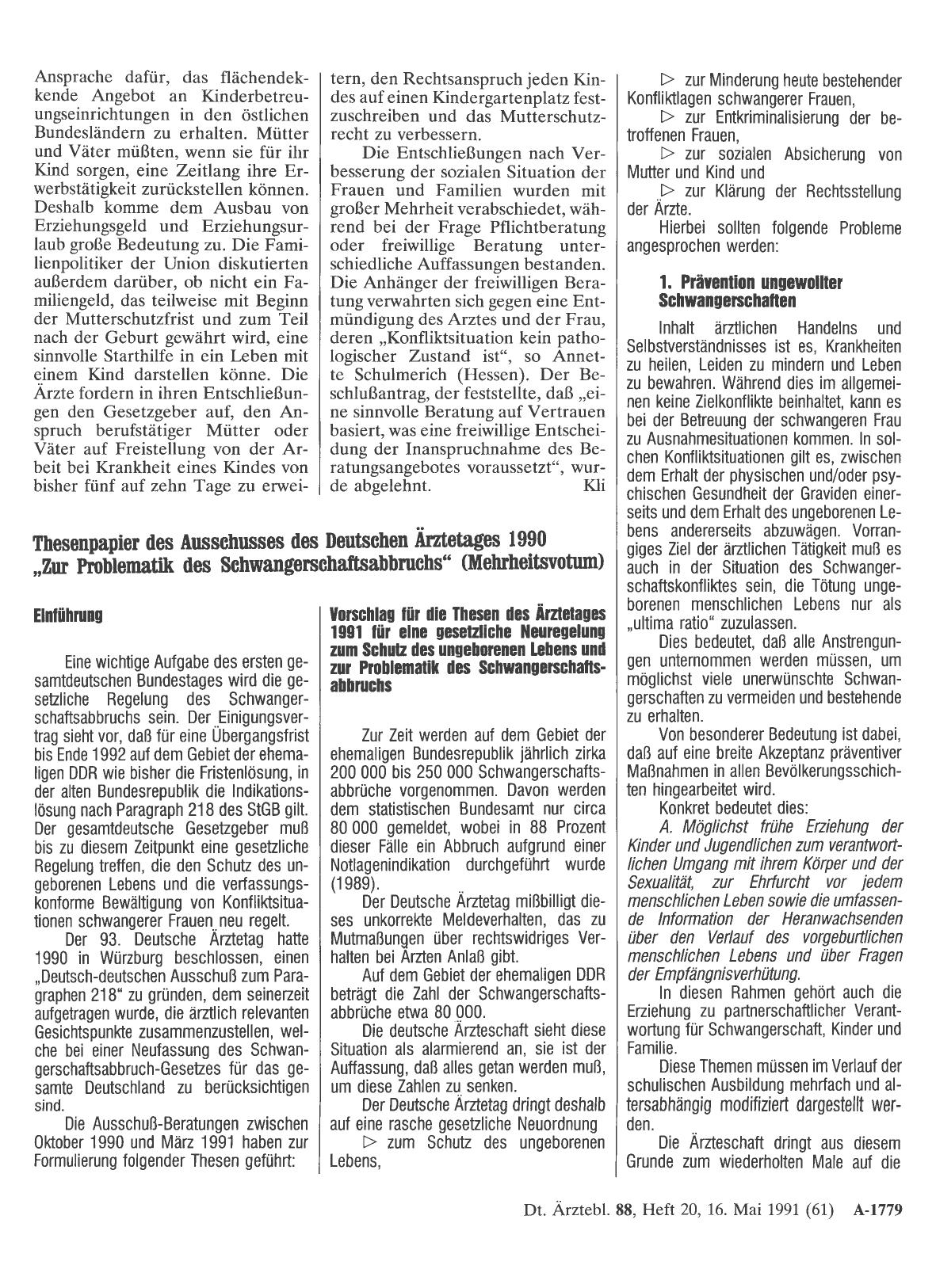 Vorschauseite 1: Thesenpapier des Ausschusses des Deutschen Ärztetages 1990 „Zur Problematik des Schwangerschaftsabbruchs“ (Mehrheitsvotum)