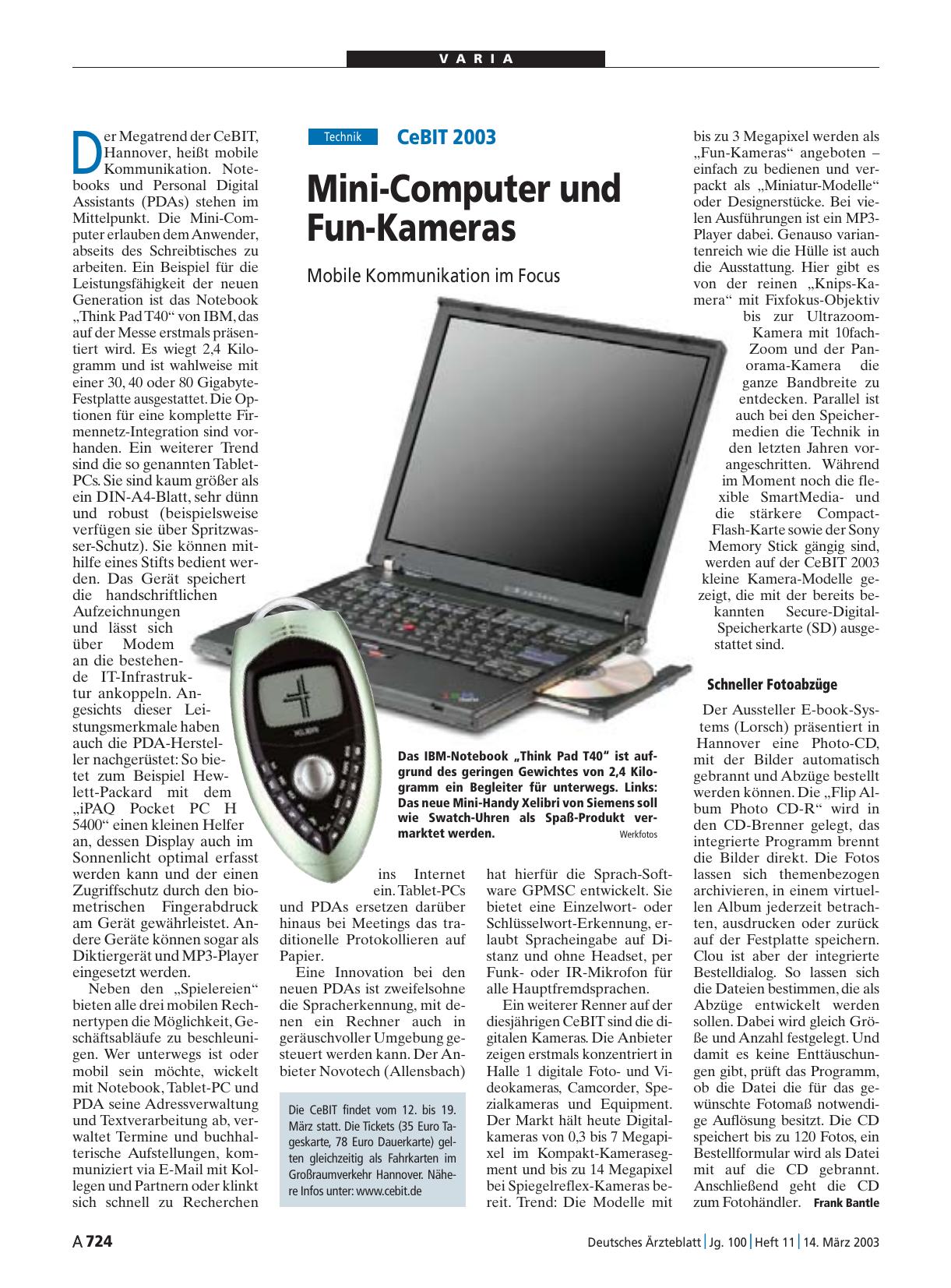 Vorschauseite 1: CeBIT 2003: Mini-Computer und Fun-Kameras