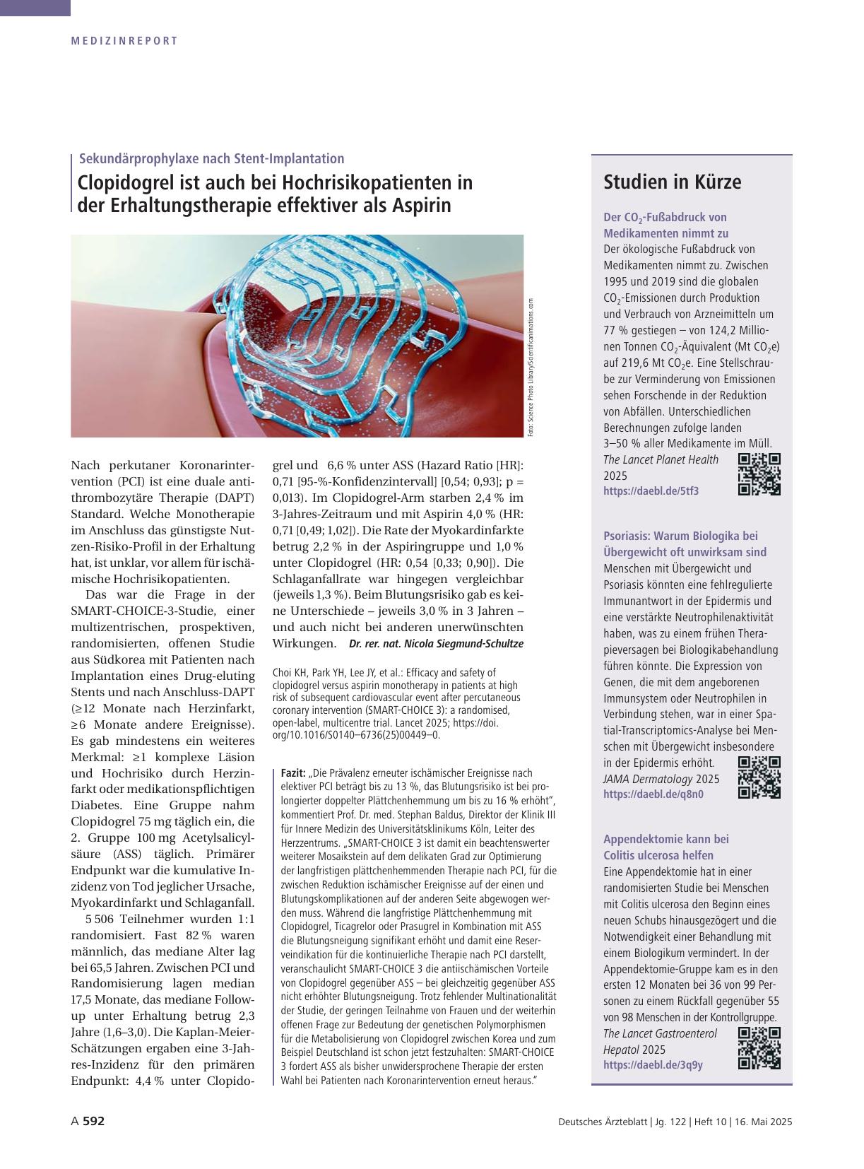 Vorschauseite 1: Sekundärprophylaxe nach Stent-Implantation: Clopidogrel ist auch bei Hochrisikopatienten in der Erhaltungstherapie effektiver als Aspirin.