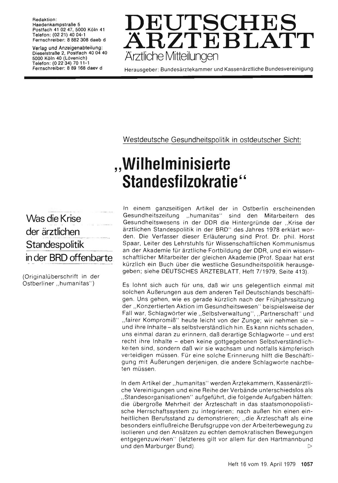 Vorschauseite 1: Westdeutsche Gesundheitspolitik in ostdeutscher Sicht: „Wilhelminisierte Standesfilzokratie“