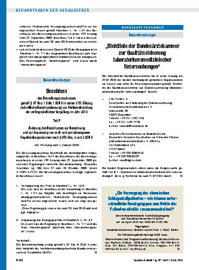 Vorschauseite 1: Bekanntmachungen: „Richtlinie der Bundesärztekammer zur Qualitätssicherung laboratoriumsmedizinischer Untersuchungen“