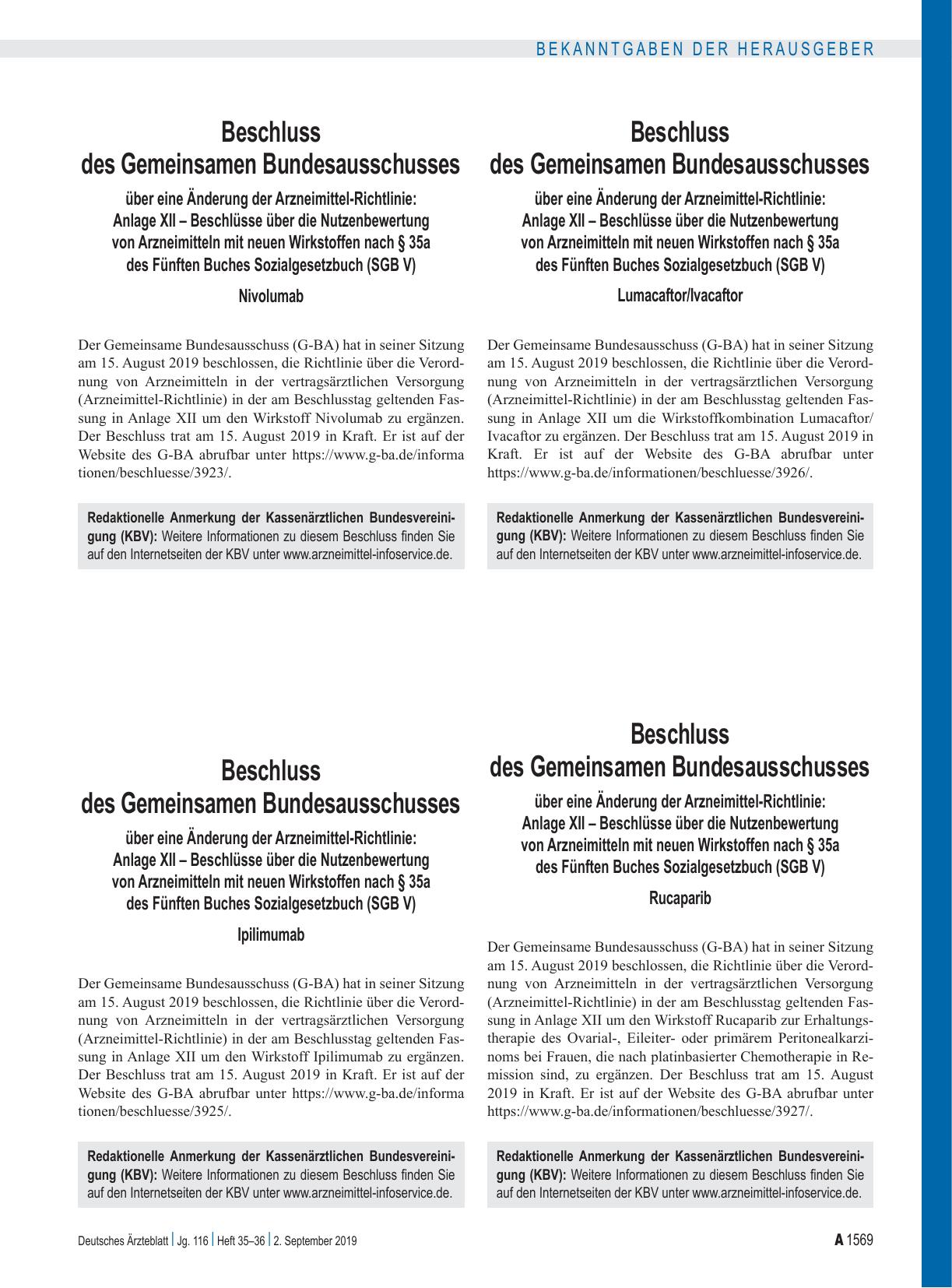 Vorschauseite 1: Beschluss des Gemeinsamen Bundesausschusses über eine Änderung der Arzneimittel-Richtlinie: Anlage XII – Ipilimumab