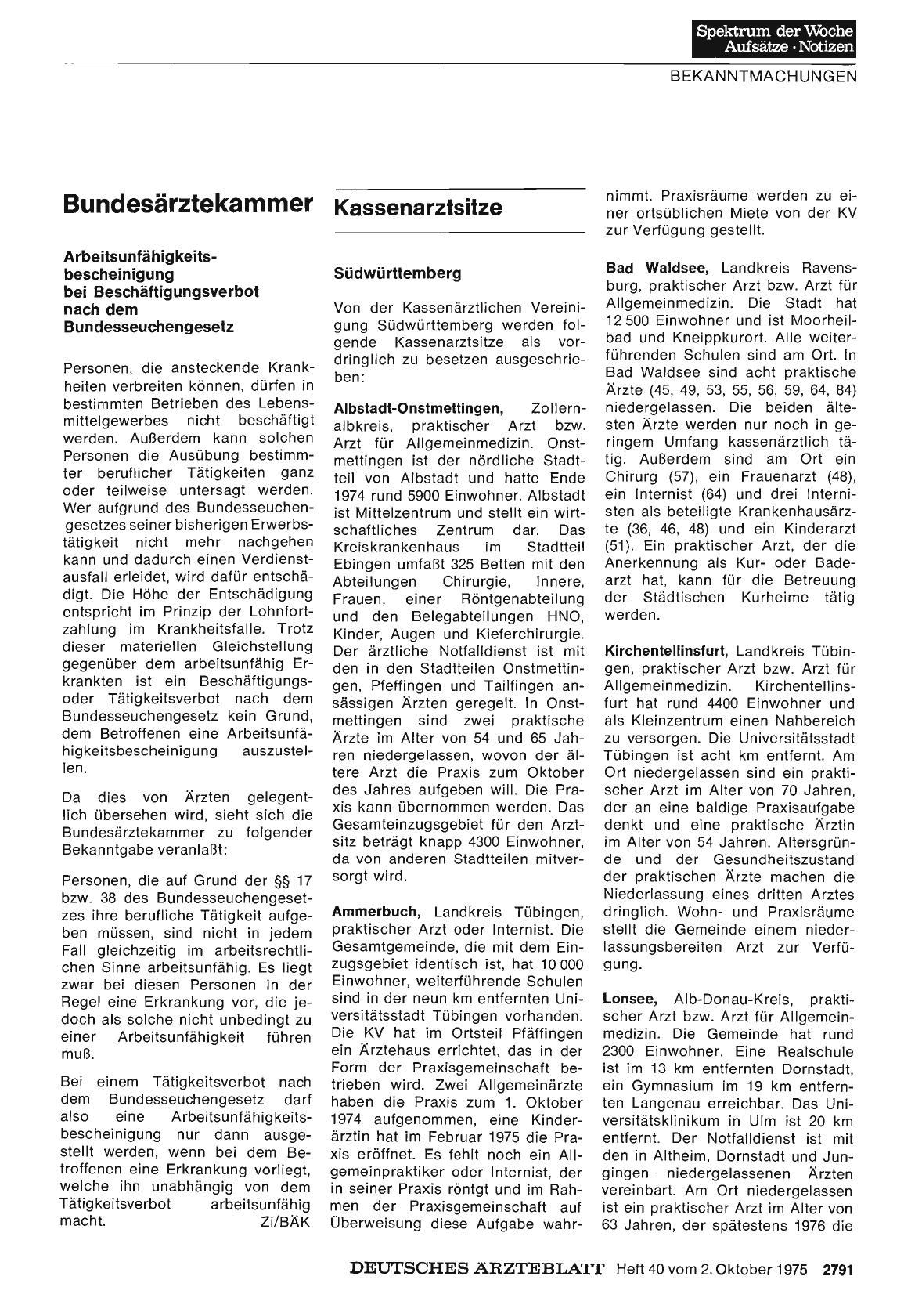 Vorschauseite 1: Bundesärztekammer: Arbeitsunfähigkeitsbescheinigung bei Beschäftigungsverbot nach dem Bundesseuchengesetz