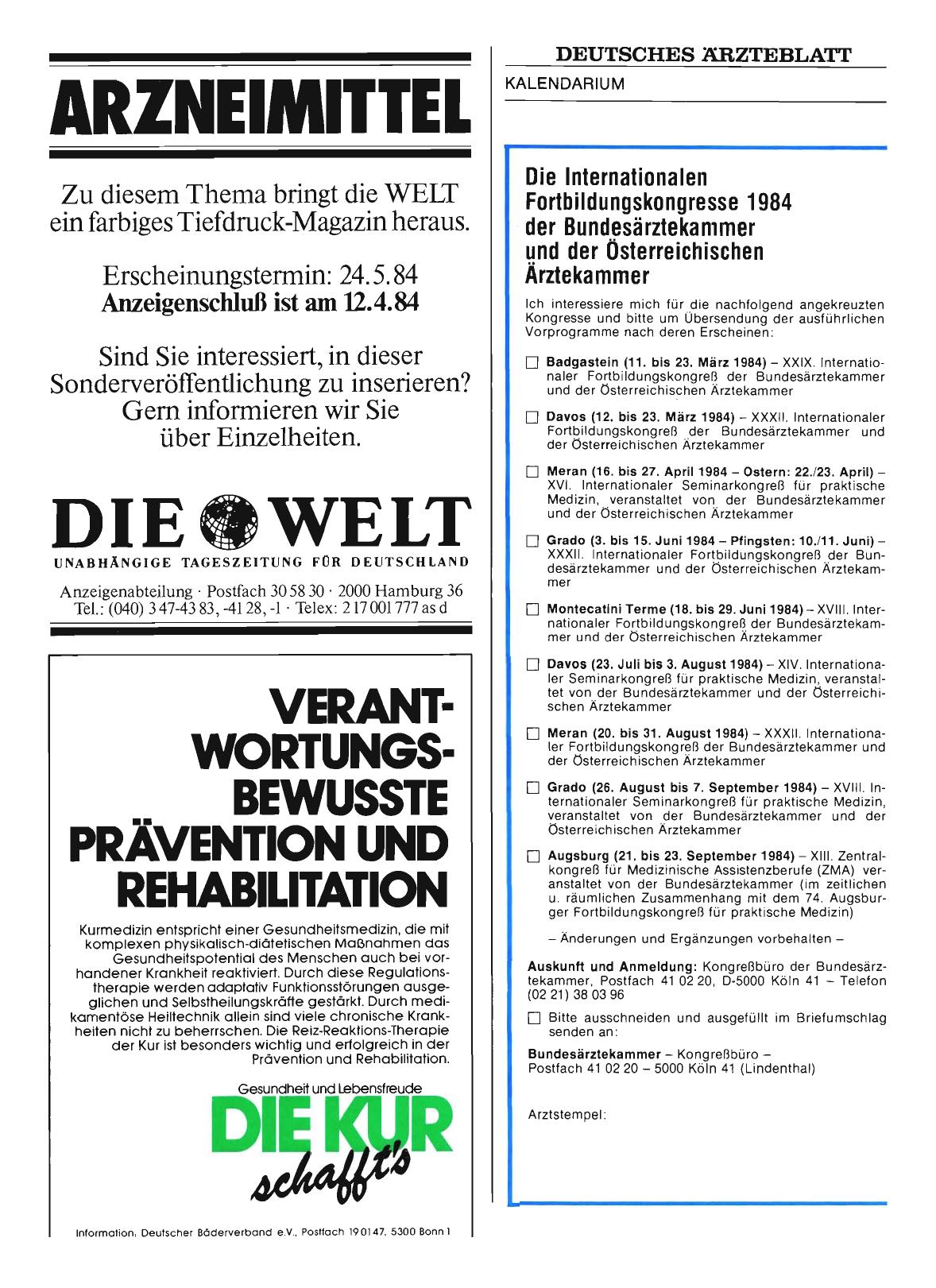 Vorschauseite 1: Die Internationalen Fortbildungskongresse 1984 der Bundesärztekammer und der Österreichischen Ärztekammer