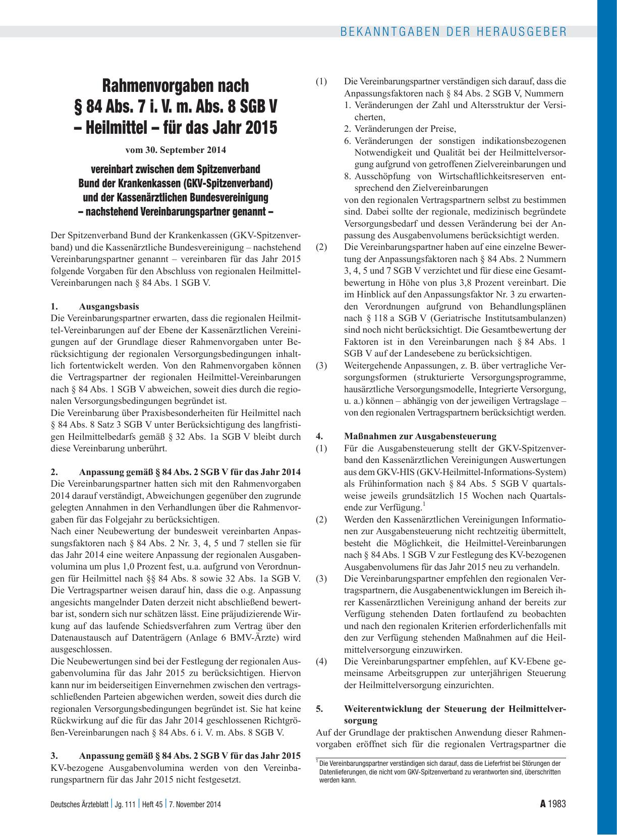 Vorschauseite 1: Rahmenvorgaben nach § 84 Abs. 7 i. V. m. Abs. 8 SGB V – Heilmittel – für das Jahr 2015 vereinbart zwischen dem Spitzenverband Bund der Krankenkassen (GKV-Spitzenverband) und der K…
