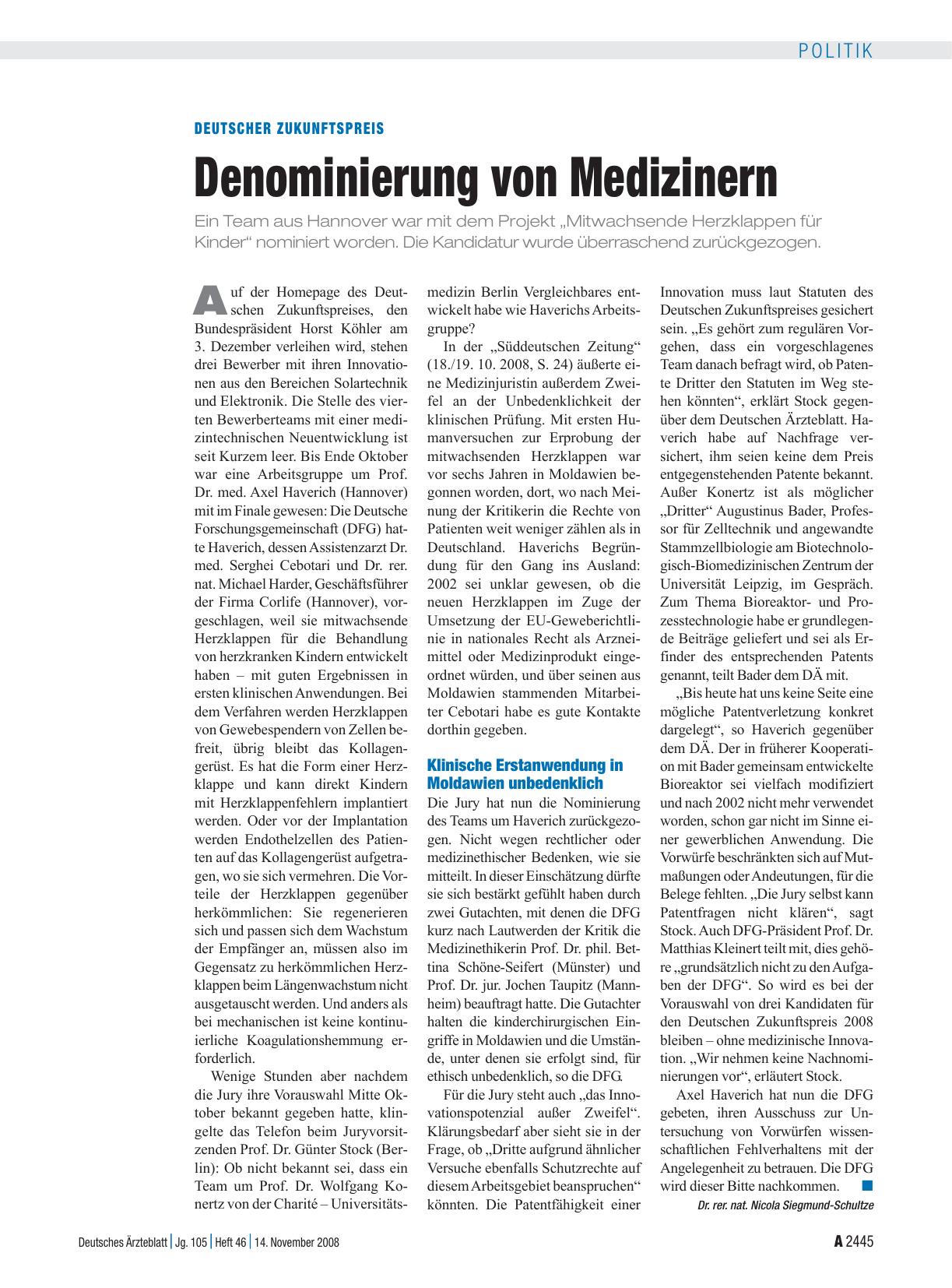 Vorschauseite 1: Deutscher Zukunftspreis: Denominierung von Medizinern