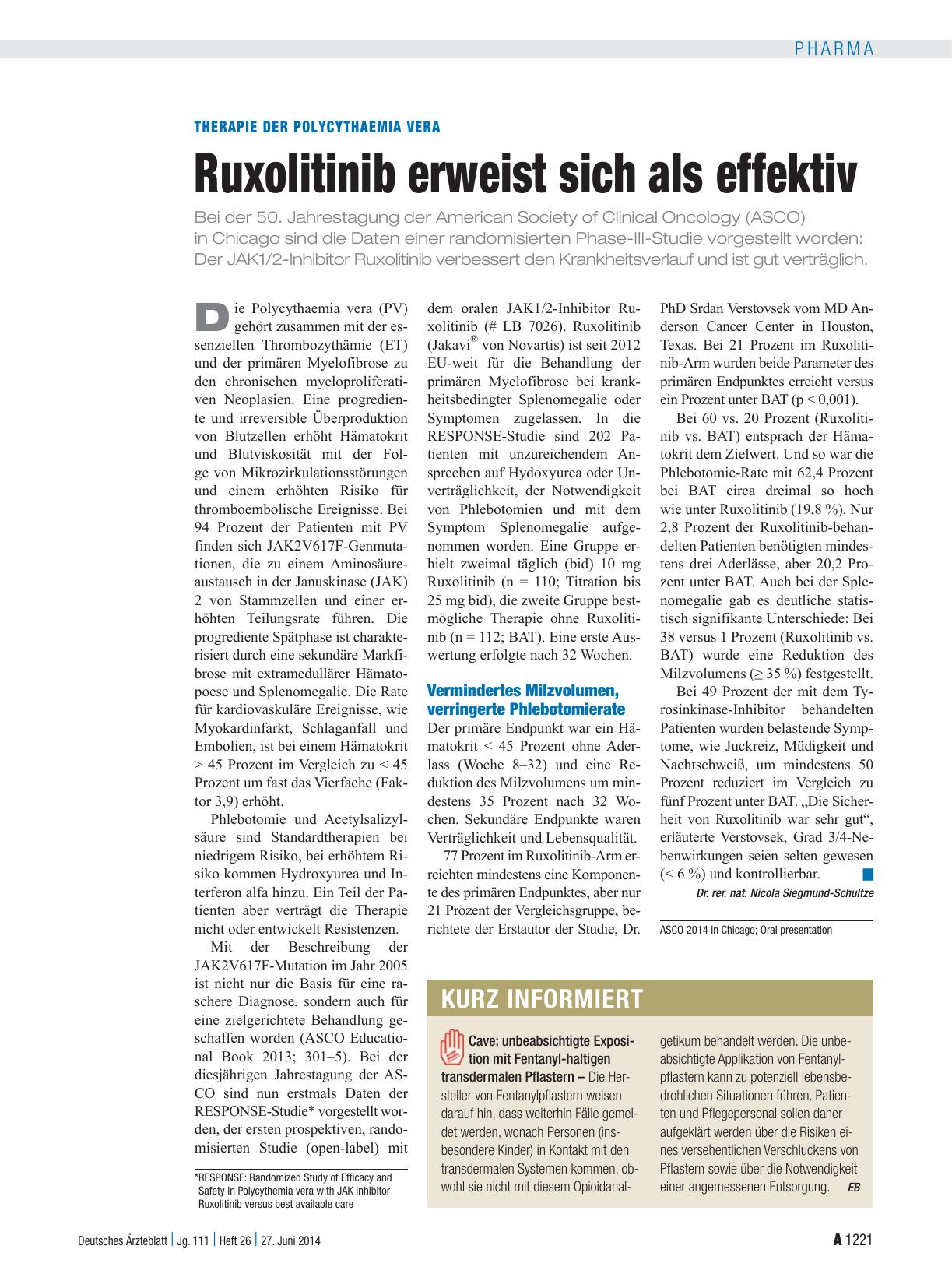 Vorschauseite 1: Therapie der Polycythaemia Vera: Ruxolitinib erweist sich als effektiv