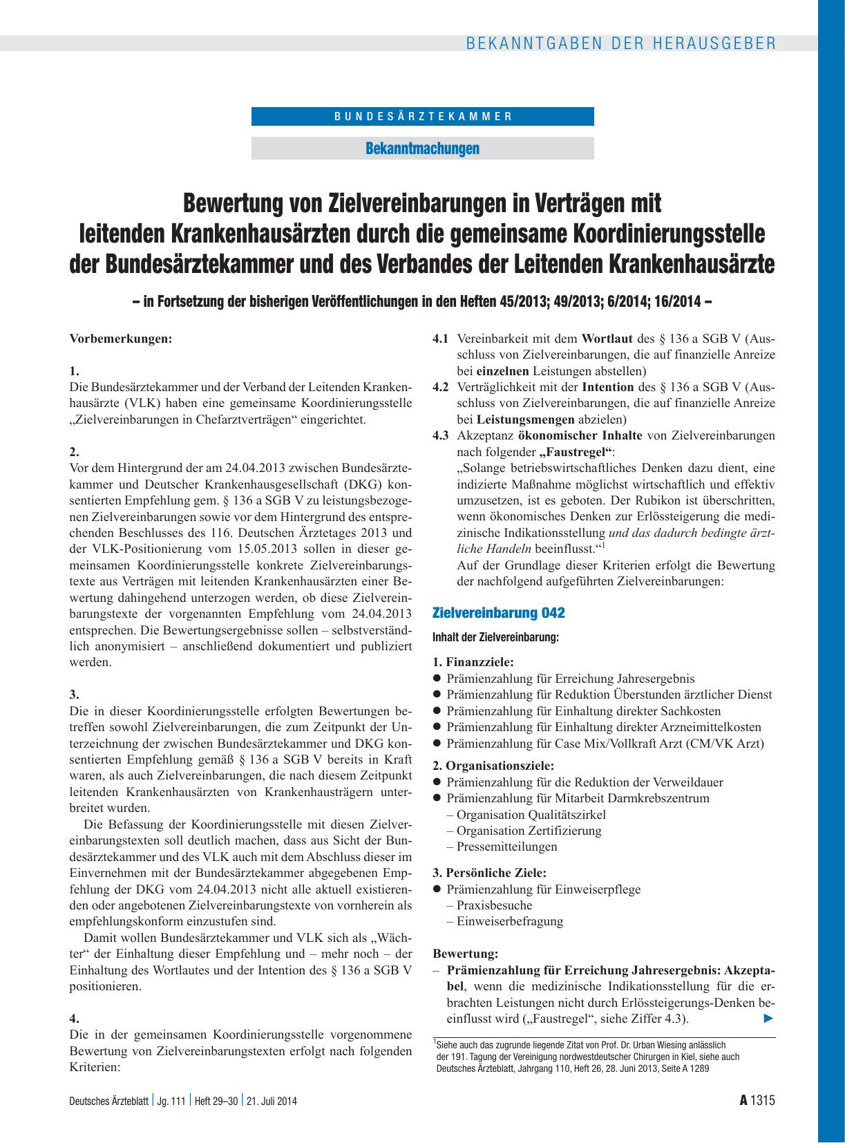 Vorschauseite 1: Bewertung von Zielvereinbarungen in Verträgen mit leitenden Krankenhausärzten durch die gemeinsame Koordinierungsstelle der Bundesärztekammer und des Verbandes der Leitenden Krank…