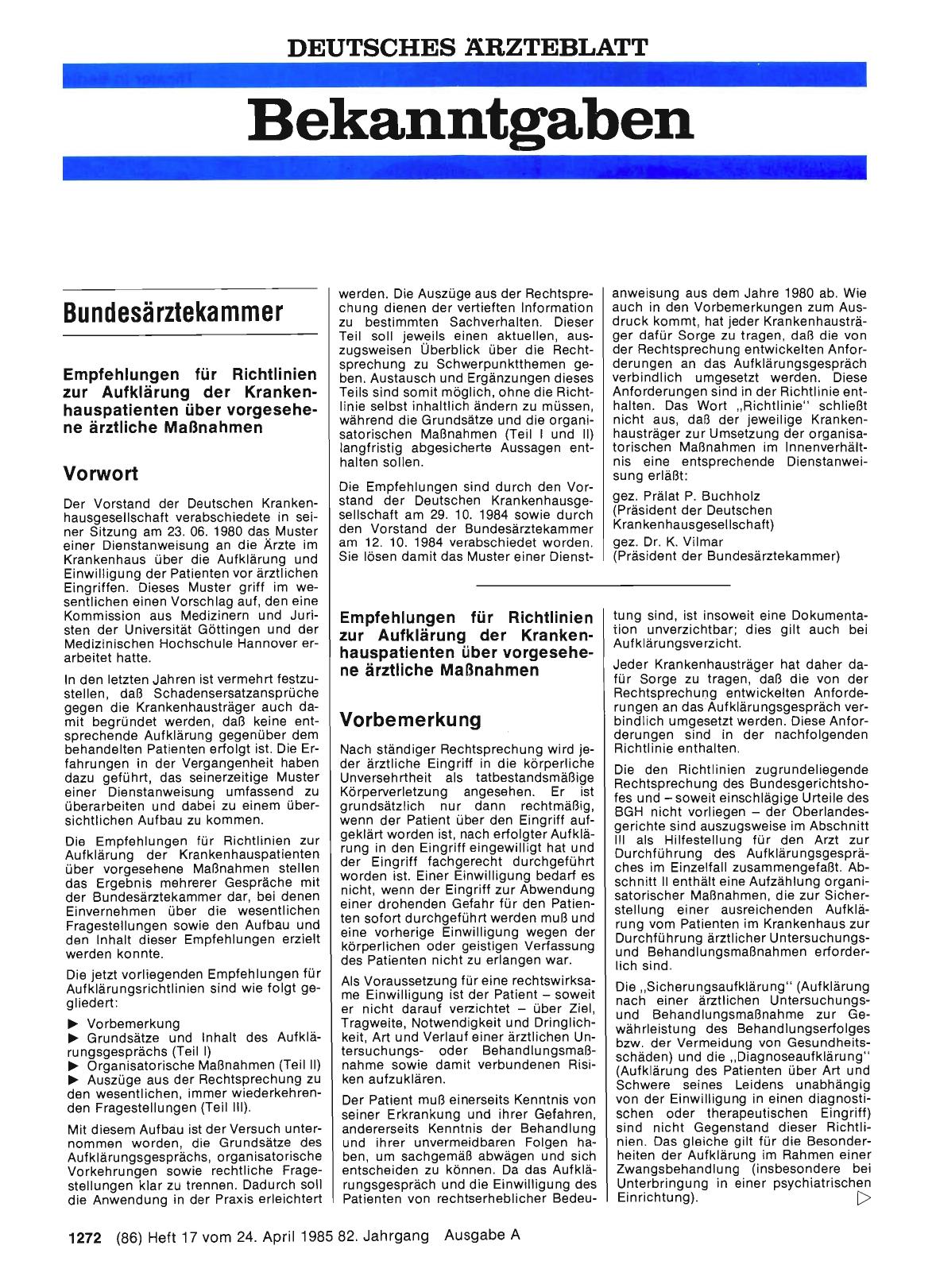 Vorschauseite 1: Empfehlungen für Richtlinien zur Aufklärung der Krankenhauspatienten über vorgesehene ärztliche Maßnahmen