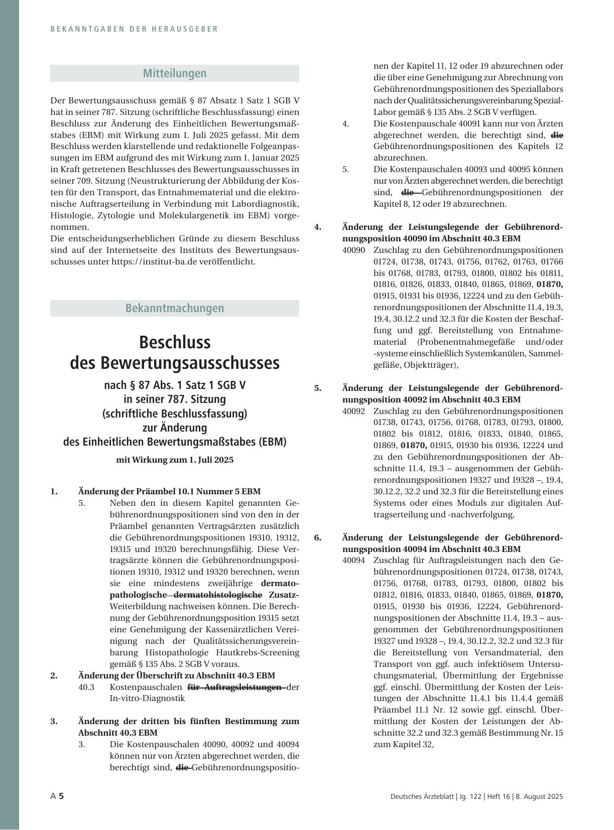 Vorschauseite 1: Beschluss des Bewertungsausschusses nach § 87 Abs. 1 Satz 1 SGB V in seiner 787. Sitzung (schriftliche Beschlussfassung) zur Änderung des Einheitlichen Bewertungsmaßstabes (EBM)