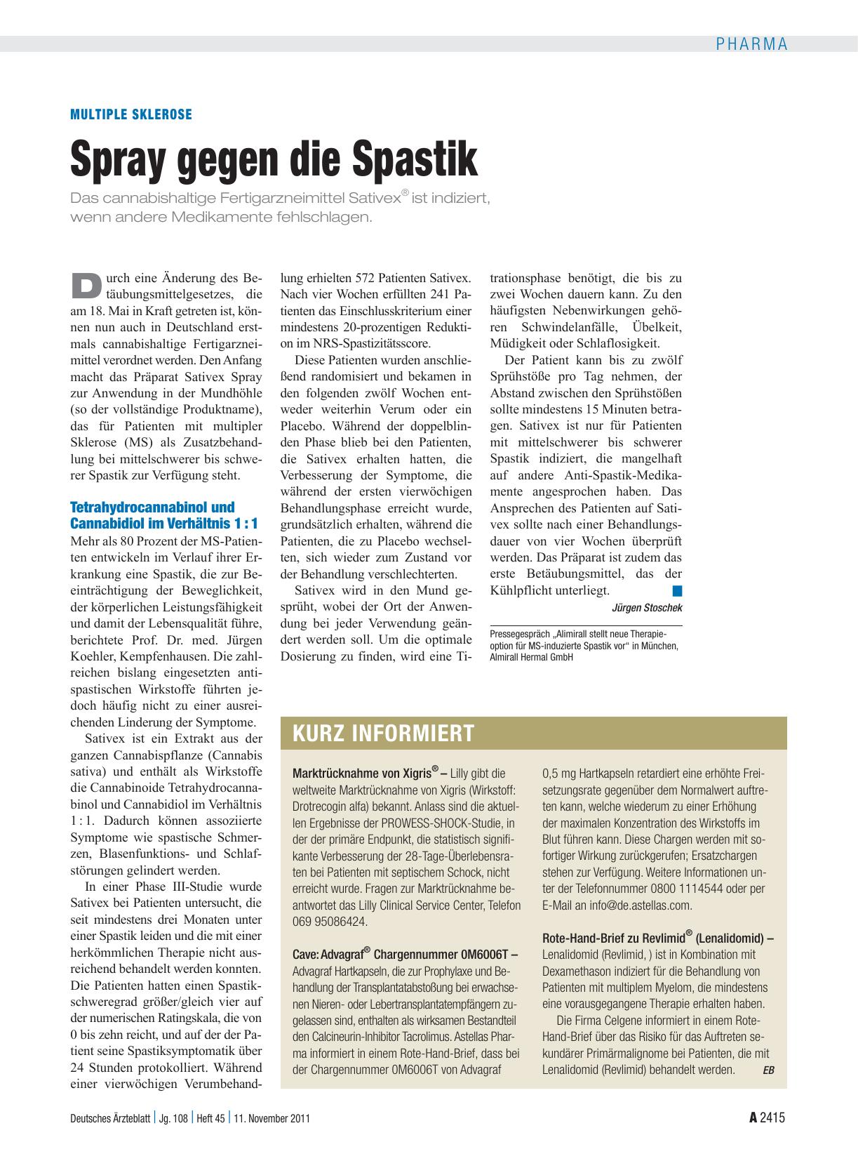 Vorschauseite 1: Multiple sklerose: Spray gegen die Spastik