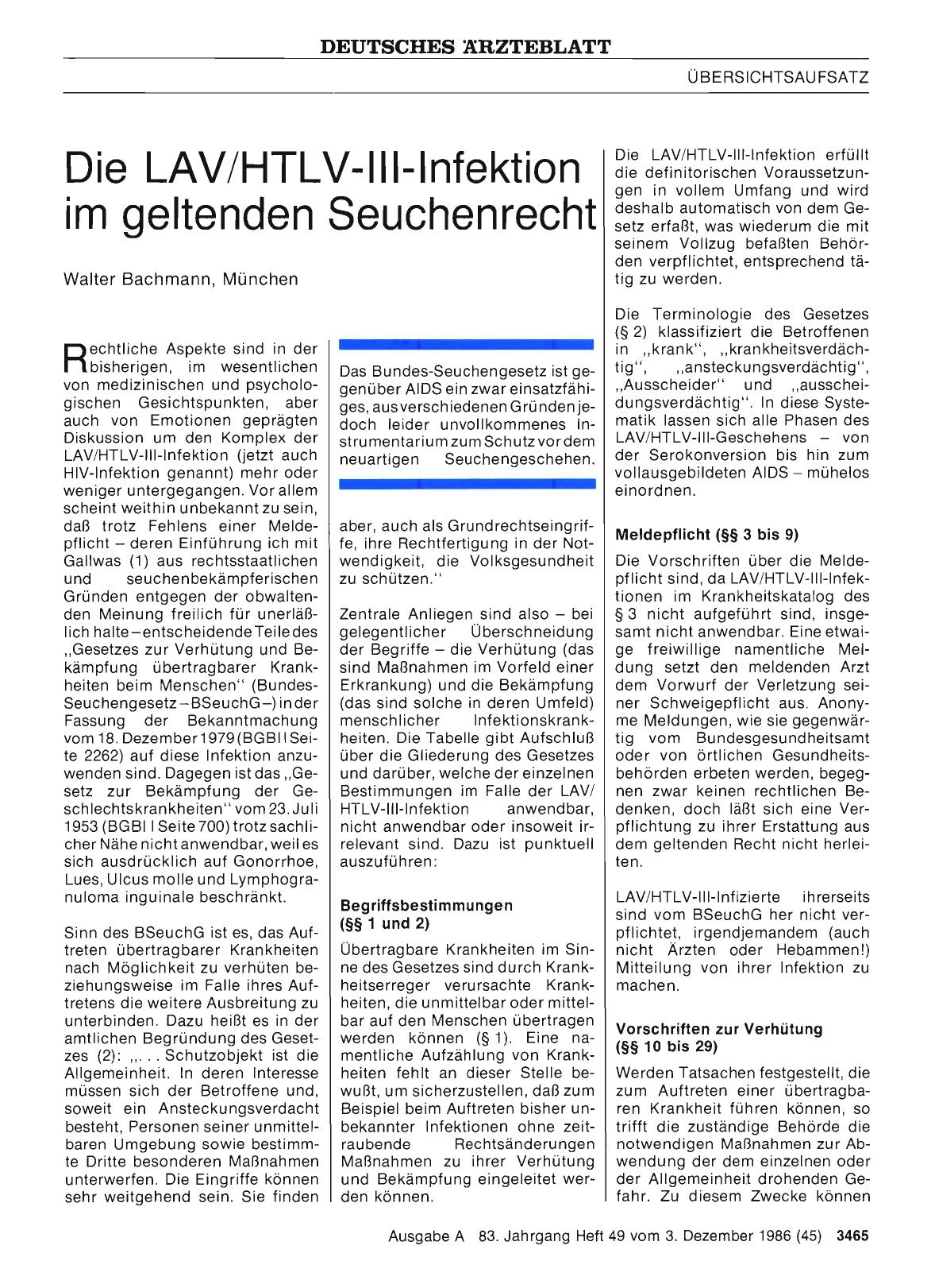 Vorschauseite 1: Die LAV/HTLV-III-Infektion im geltenden Seuchenrecht