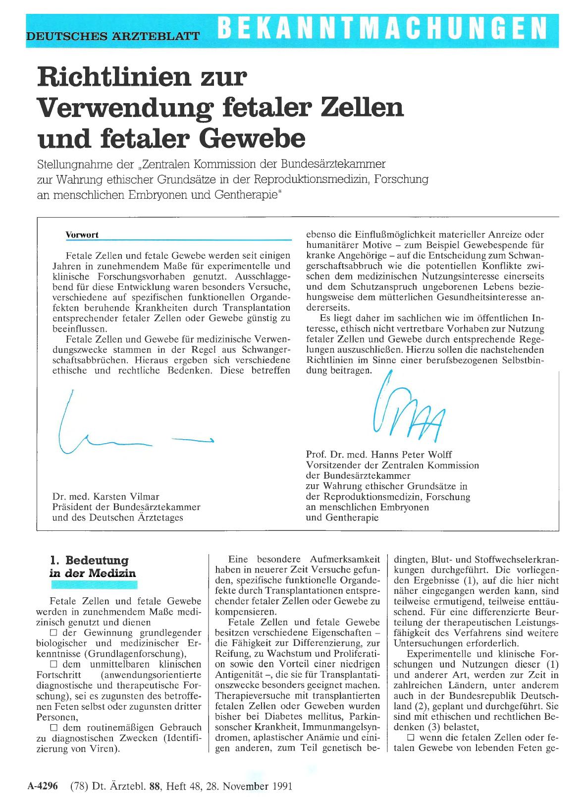 Vorschauseite 1: Richtlinien zur Verwendung fetaler Zellen und fetaler Gewebe
