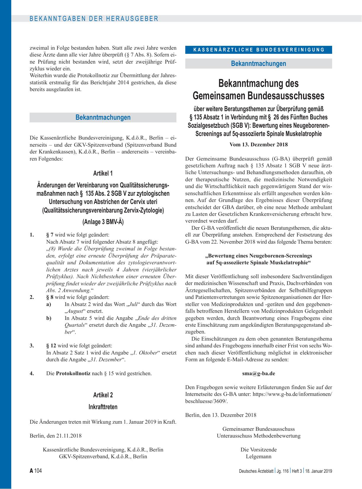 Vorschauseite 1: Bekanntmachung des Gemeinsamen Bundesausschusses über weitere Beratungsthemen zur Überprüfung gemäß § 135 Absatz 1 in Verbindung mit § 26 des Fünften Buches Sozialgesetzbuch (SGB…