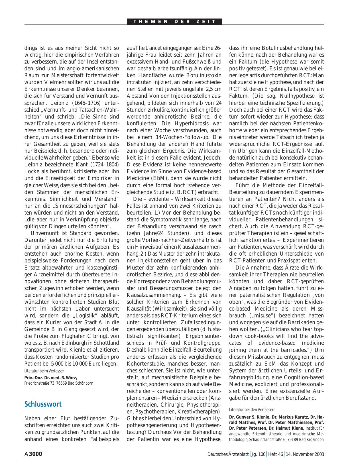 Vorschauseite 1: Evidenzbasierte Medizin: Konkurs der ärztlichen Urteilskraft? Schlusswort