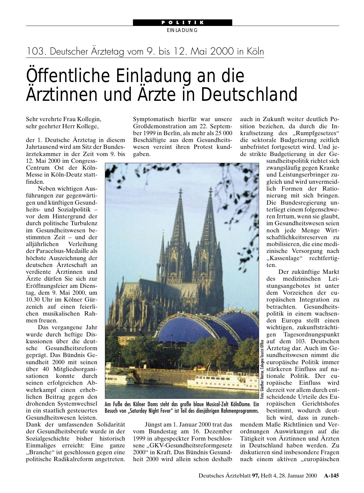 Vorschauseite 1: 103. Deutscher Ärztetag vom 9. bis 12. Mai 2000 in Köln: Öffentliche Einladung an die Ärztinnen und Ärzte in Deutschland