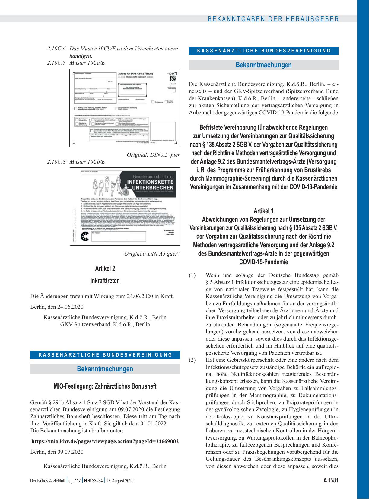 Vorschauseite 1: Befristete Vereinbarung für abweichende Regelungen zur Umsetzung der Vereinbarungen zur Qualitätssicherung nach § 135 Absatz 2 SGB V, der Vorgaben zur Qualitätssicherung nach der…