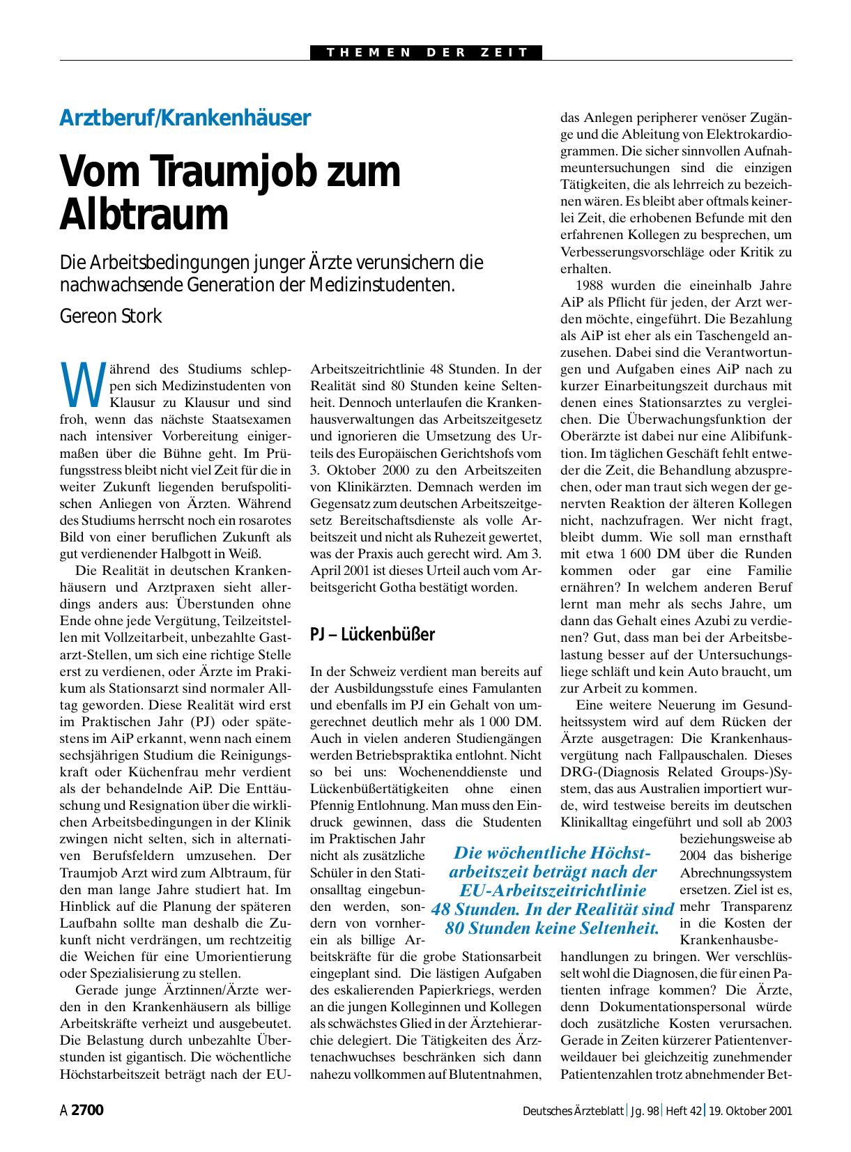 Vorschauseite 1: Arztberuf/Krankenhäuser: Vom Traumjob zum Albtraum