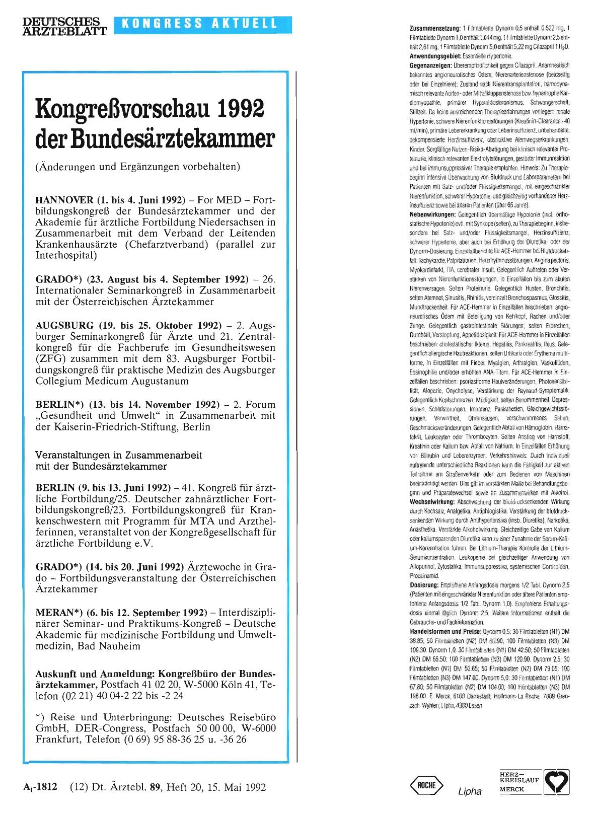 Vorschauseite 1: Kongreßvorschau 1992 der Bundesärztekammer