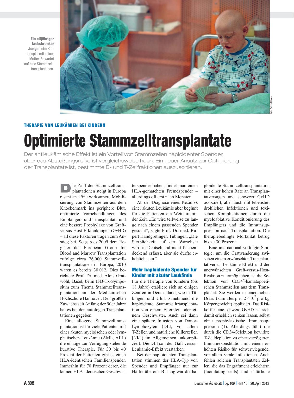 Vorschauseite 1: Therapie von Leukämien bei Kindern: Optimierte Stammzelltransplantate