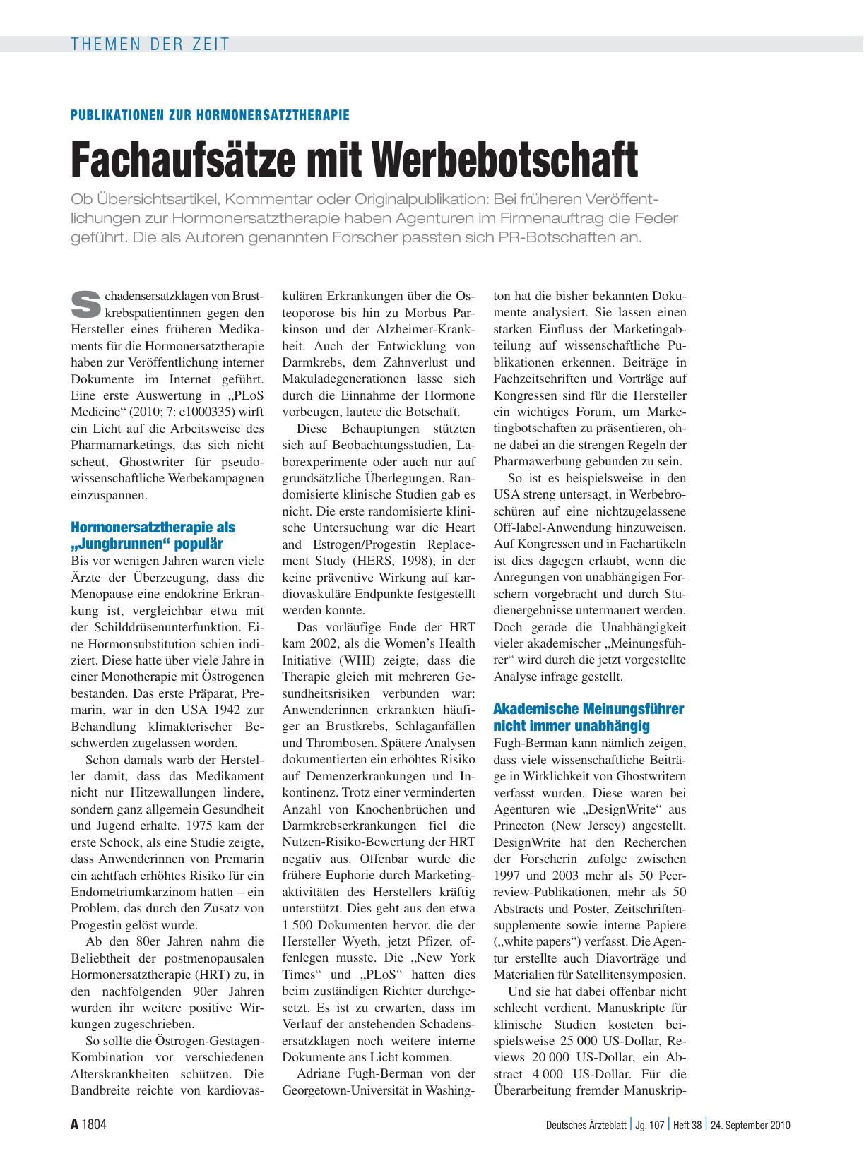 Vorschauseite 1: Publikationen zur Hormonersatztherapie: Fachaufsätze mit Werbebotschaft