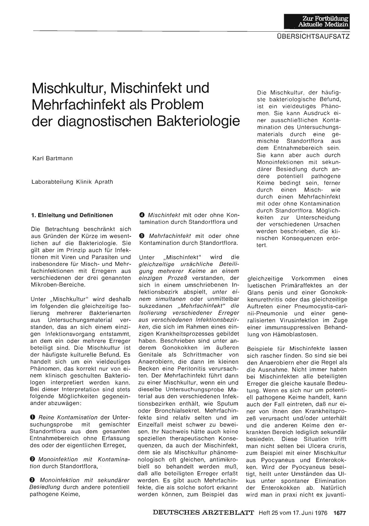Vorschauseite 1: Mischkultur, Mischinfekt und Mehrfachinfekt als Problem der diagnostischen Bakteriologie
