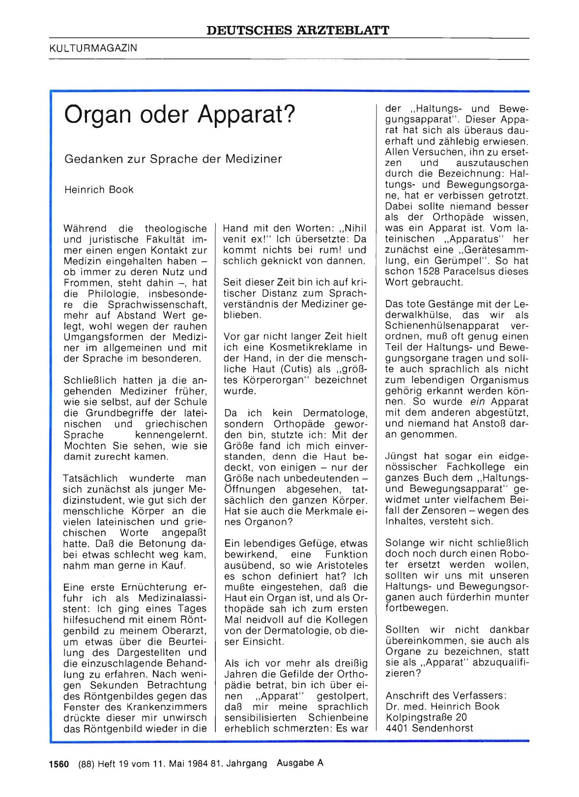 Vorschauseite 1: Organ oder Apparat? Gedanken zur Sprache der Mediziner