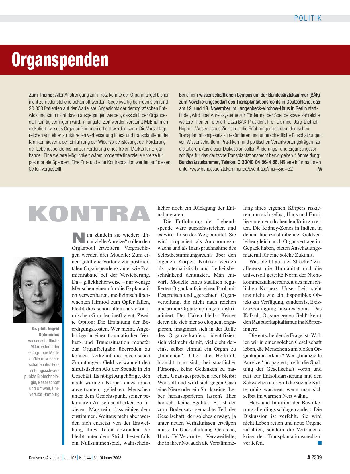 Vorschauseite 1: Kontra: Finanzielle Anreize für postmortale Organspenden