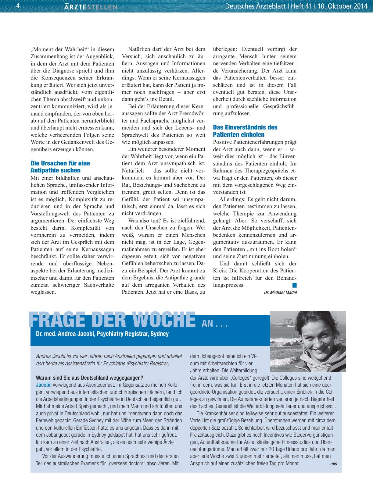Vorschauseite 1: Frage der Woche an. .. Dr. med. Andrea Jacobi, Psychiatry Registrar, Sydney