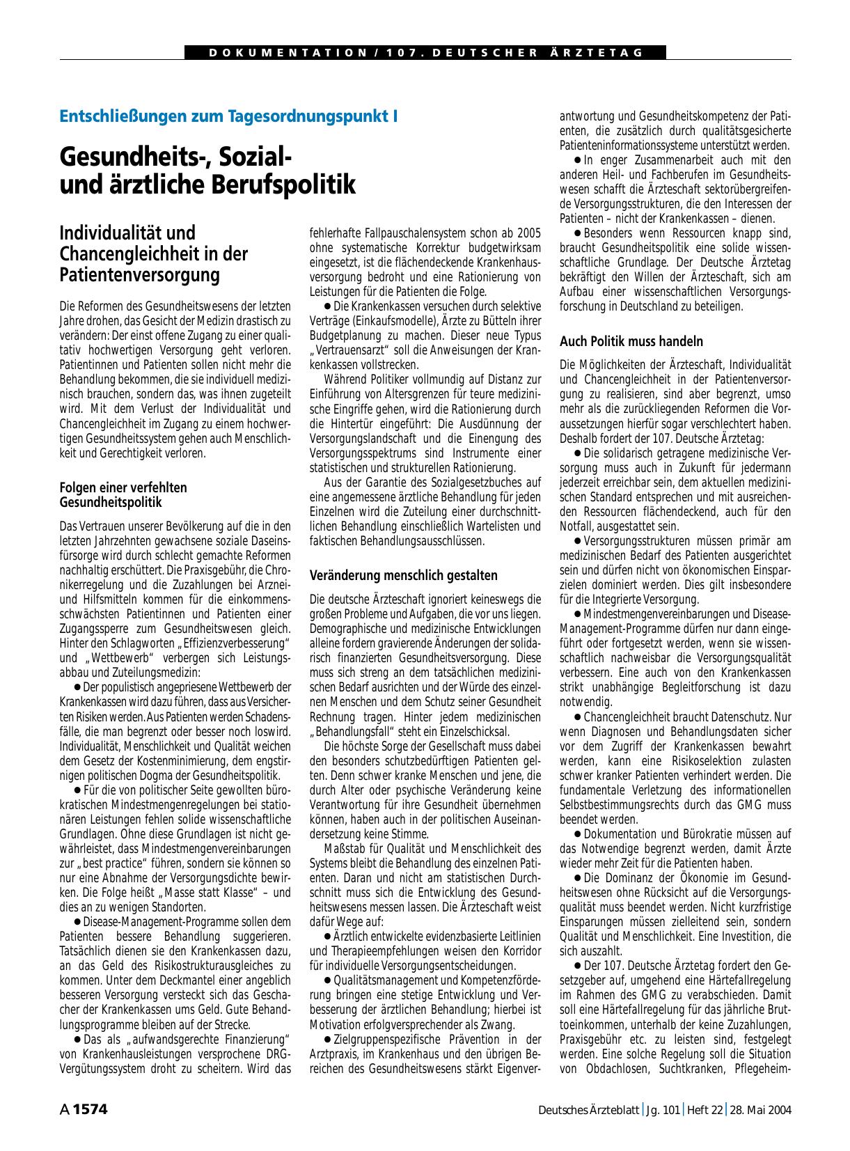 Vorschauseite 1: Entschließungen zum Tagesordnungspunkt I: Gesundheits-, Sozialund ärztliche Berufspolitik