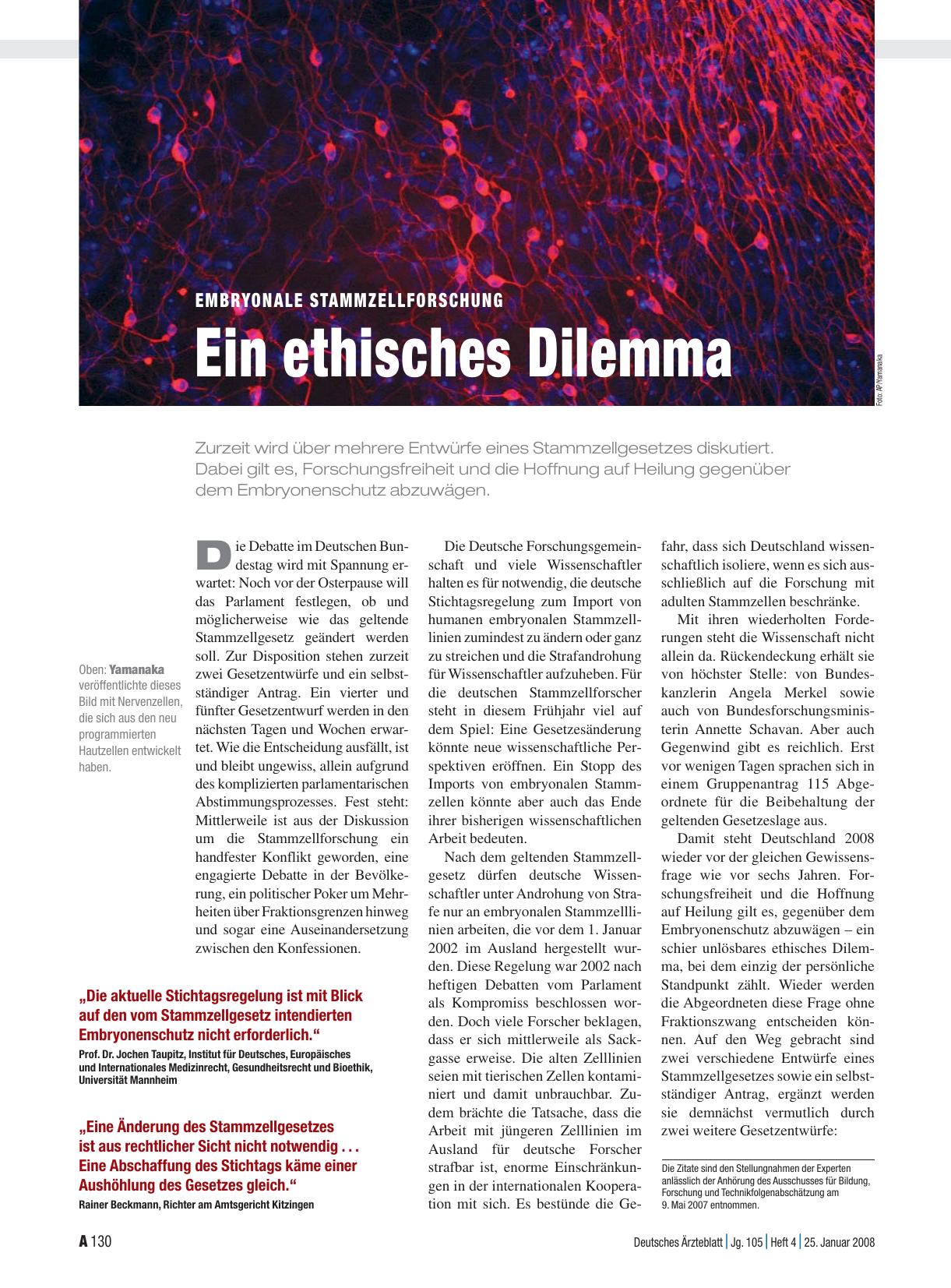 Vorschauseite 1: Embryonale Stammzellforschung: Ein ethisches Dilemma