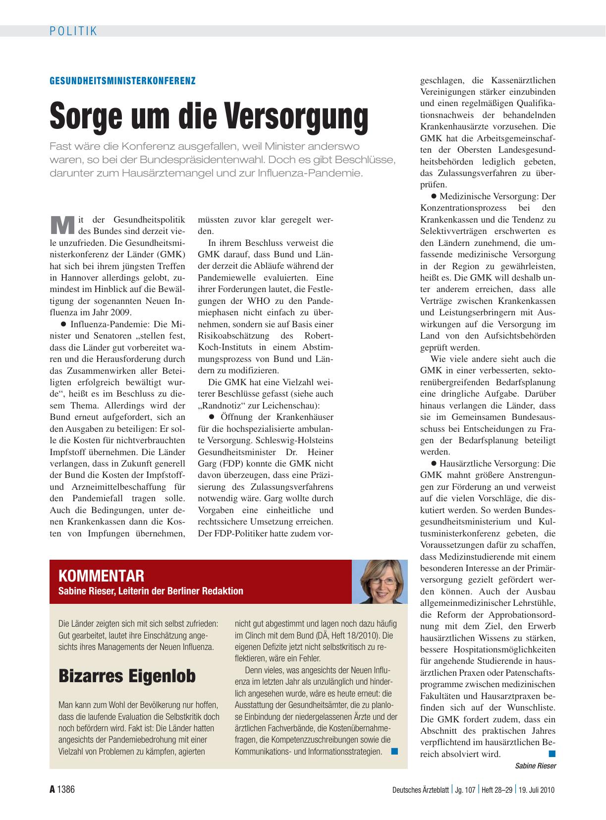 Vorschauseite 1: Gesundheitsministerkonferenz: Sorge um die Versorgung