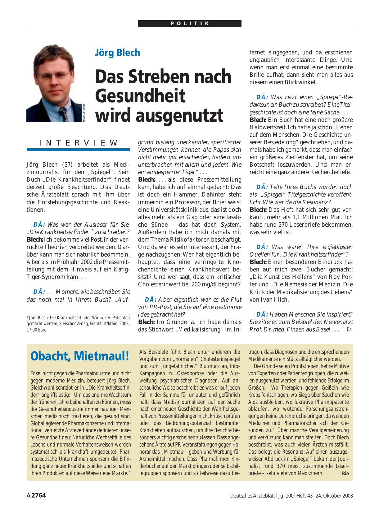 Vorschauseite 1: Jörg Blech: Das Streben nach Gesundheit wird ausgenutzt