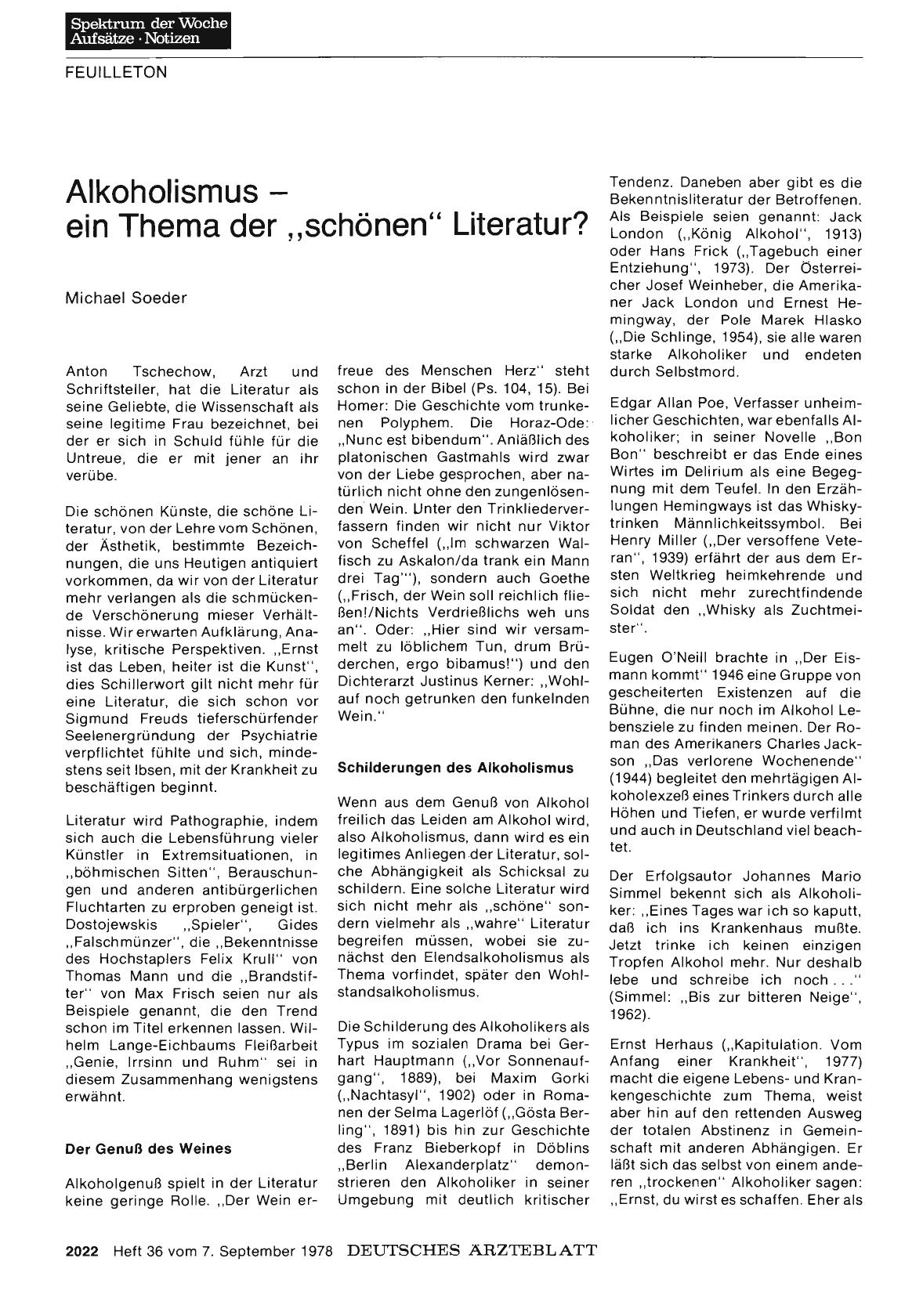 Vorschauseite 1: Alkoholismus — ein Thema der „schönen“ Literatur?
