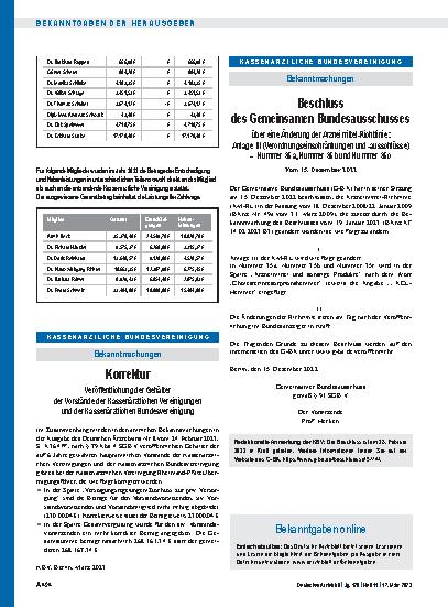 Vorschauseite 1: Korrektur: Veröffentlichung der Gehälter der Vorstände der Kassenärztlichen Vereinigungen und der Kassenärztlichen Bundesvereinigung