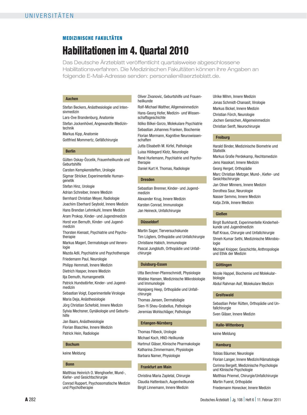 Vorschauseite 1: Medizinische Fakultäten: Habilitationen im 4. Quartal 2010