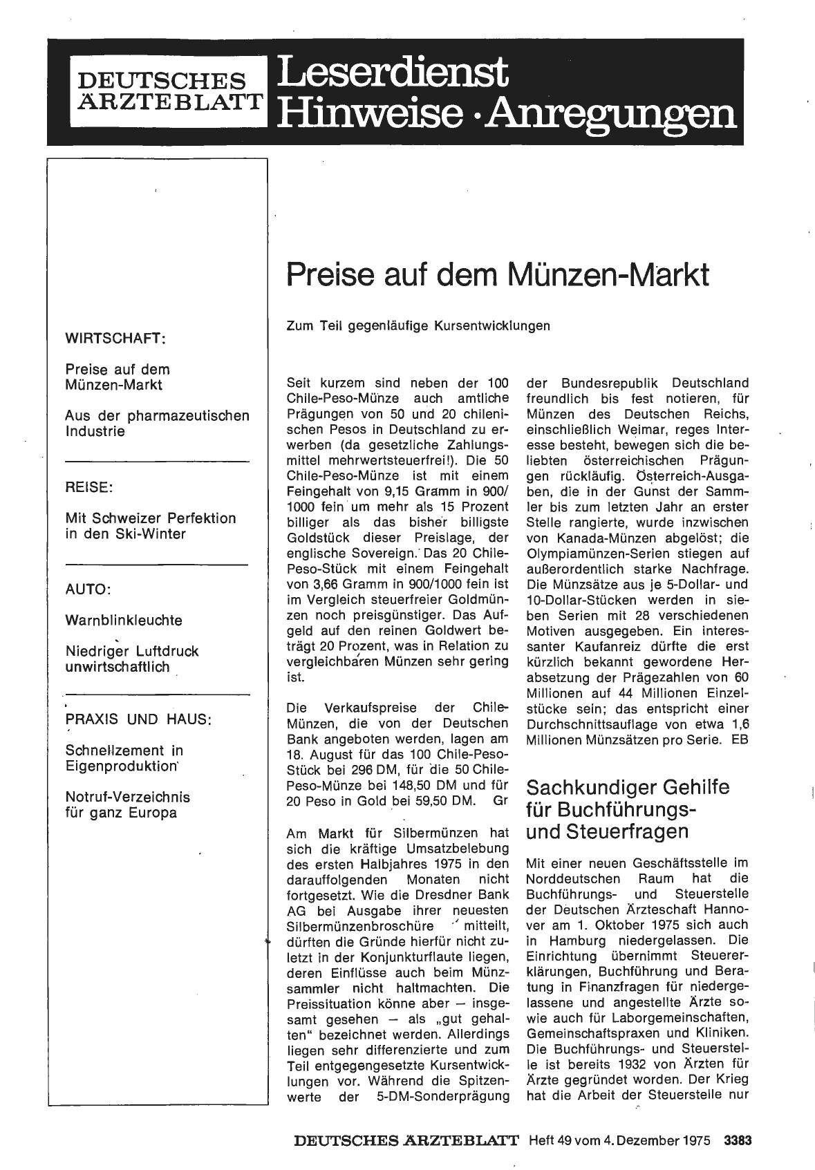 Vorschauseite 1: Preise auf dem Münzen-Markt: Zum Teil gegenläufige Kursentwicklungen
