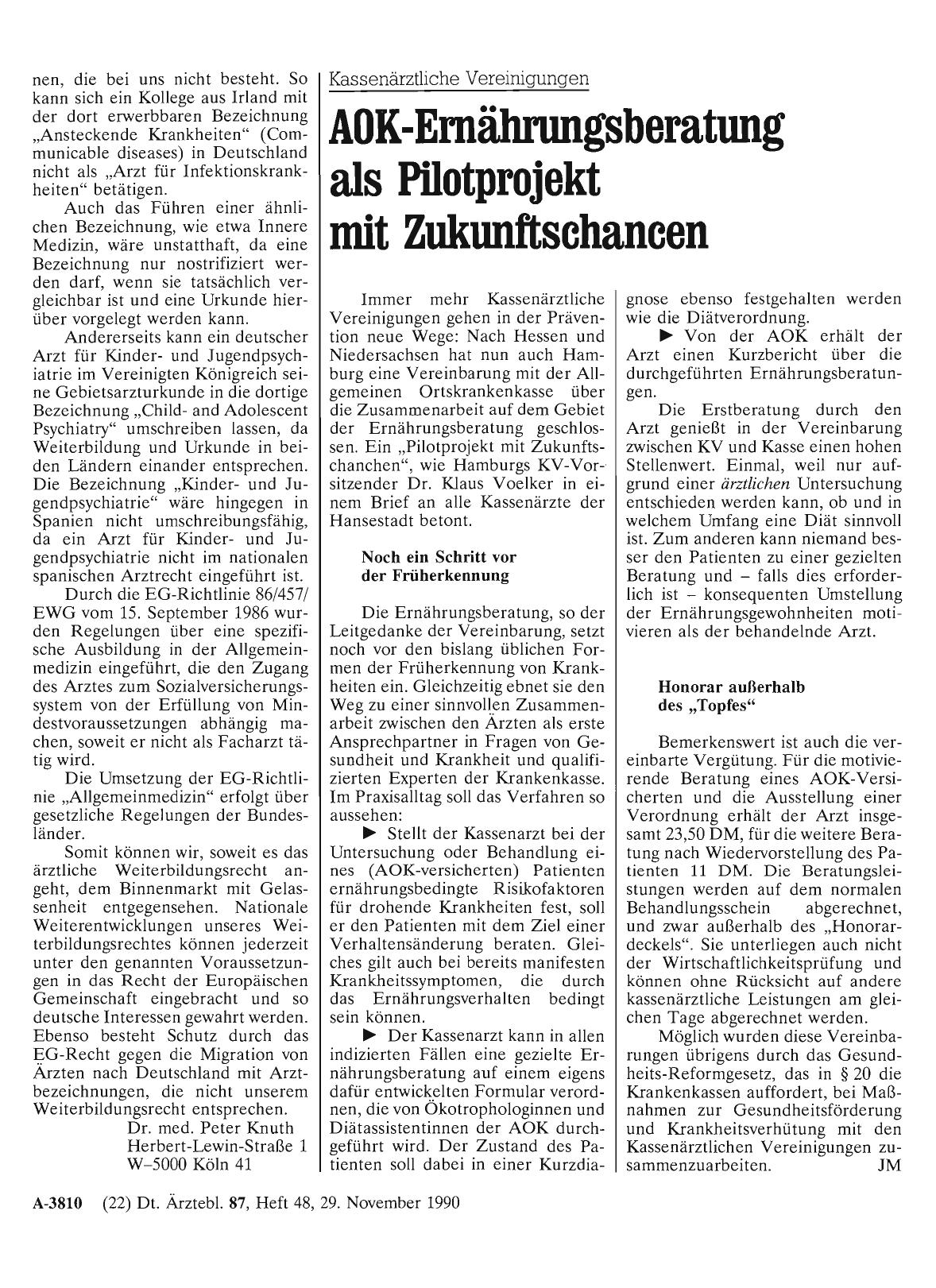 Vorschauseite 1: Kassenärztliche Vereinigungen: AOK-Emährungsberatung als Pilotprojekt mit Zukunftschancen