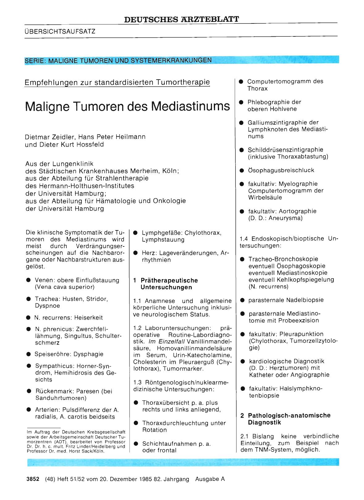 Vorschauseite 1: SERIE: MALIGNE TUMOREN UND SYSMERKRANKUNGEN: Empfehlungen zur standardisierten Tumortherapie - Maligne Tumoren des Mediastinums