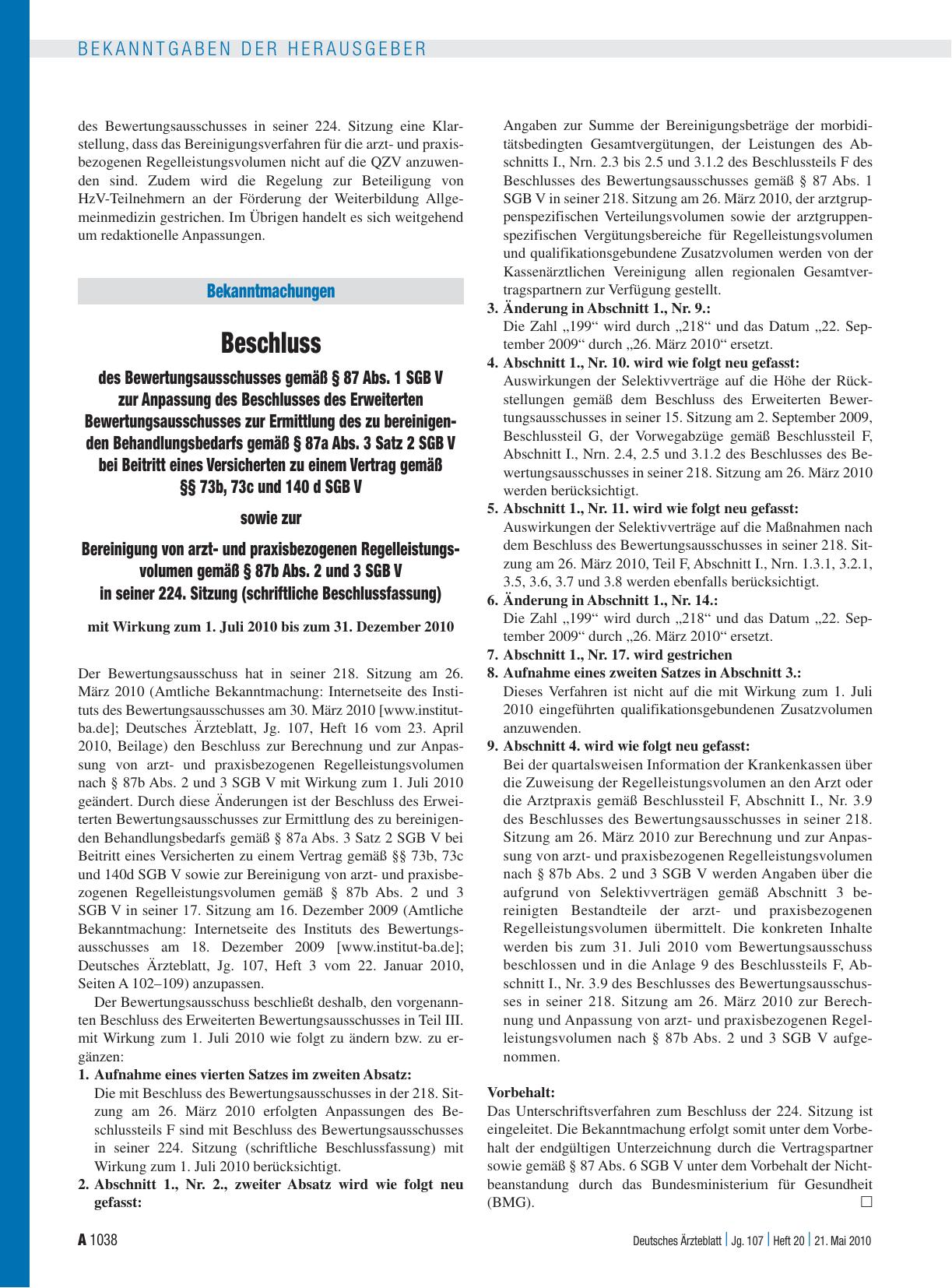 Vorschauseite 1: Beschluss des Bewertungsausschusses gemäß § 87 Abs. 1 SGB V zur Anpassung des Beschlusses des Erweiterten Bewertungsausschusses zur Ermittlung des zu bereinigenden Behandlungsbeda…