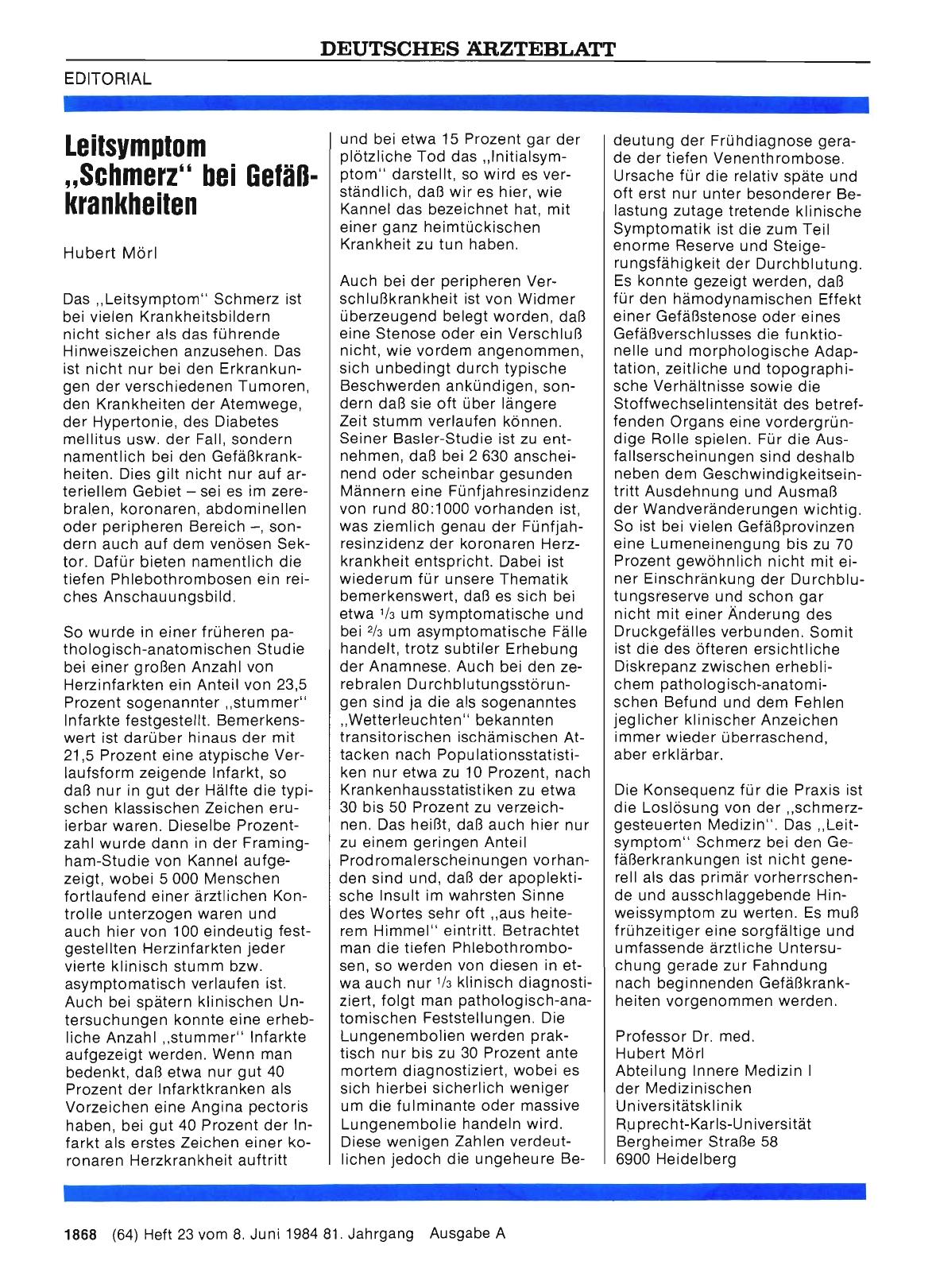 Vorschauseite 1: Leitsymptom „Schmerz“ hei Gefäßkrankheiten