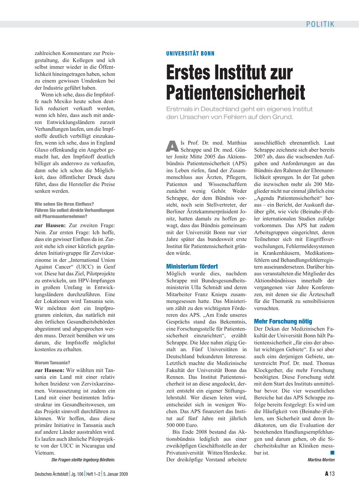 Vorschauseite 1: Universität Bonn: Erstes Institut zur Patientensicherheit