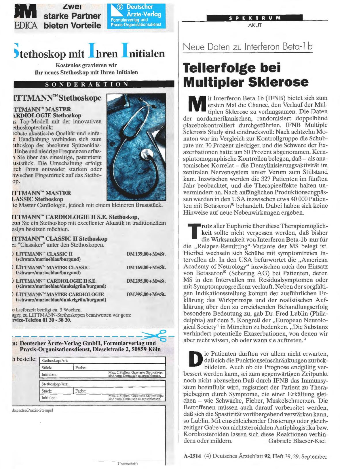 Vorschauseite 1: Neue Daten zu Interferon Beta-1 b: Teilerfolge bei Multipler Sklerose