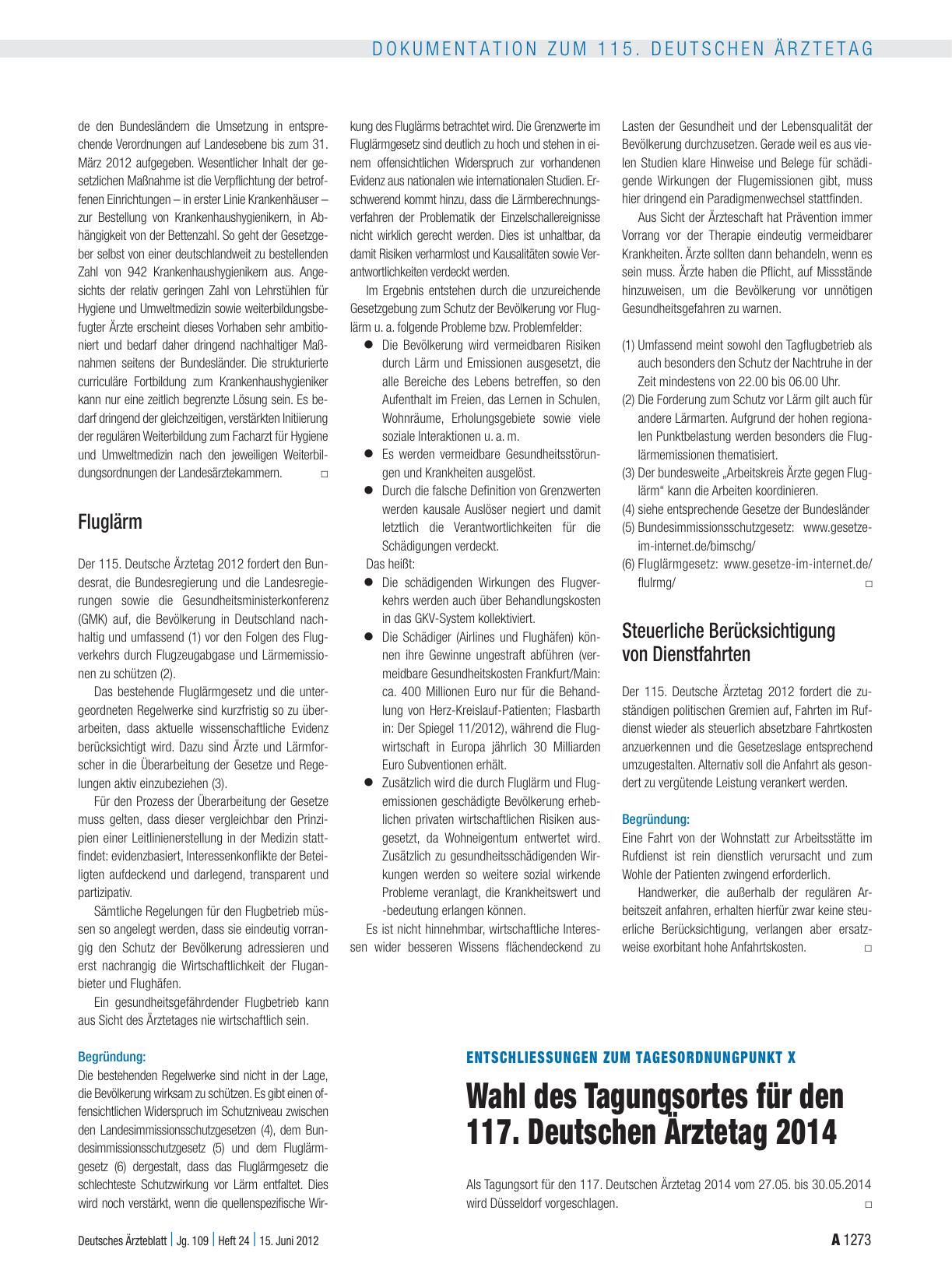 Vorschauseite 1: Entschliessungen zum Tagesordnungpunkt X: Wahl des Tagungsortes für den 117. Deutschen Ärztetag 2014